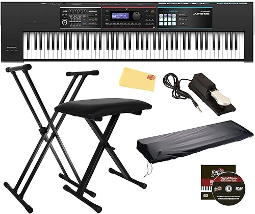 Roland Juno DS-88 - Paquete de sintetizador con pedal amortiguador DP-10, soporte ajustable, banco, cubierta contra el polvo, DVD instructivo de