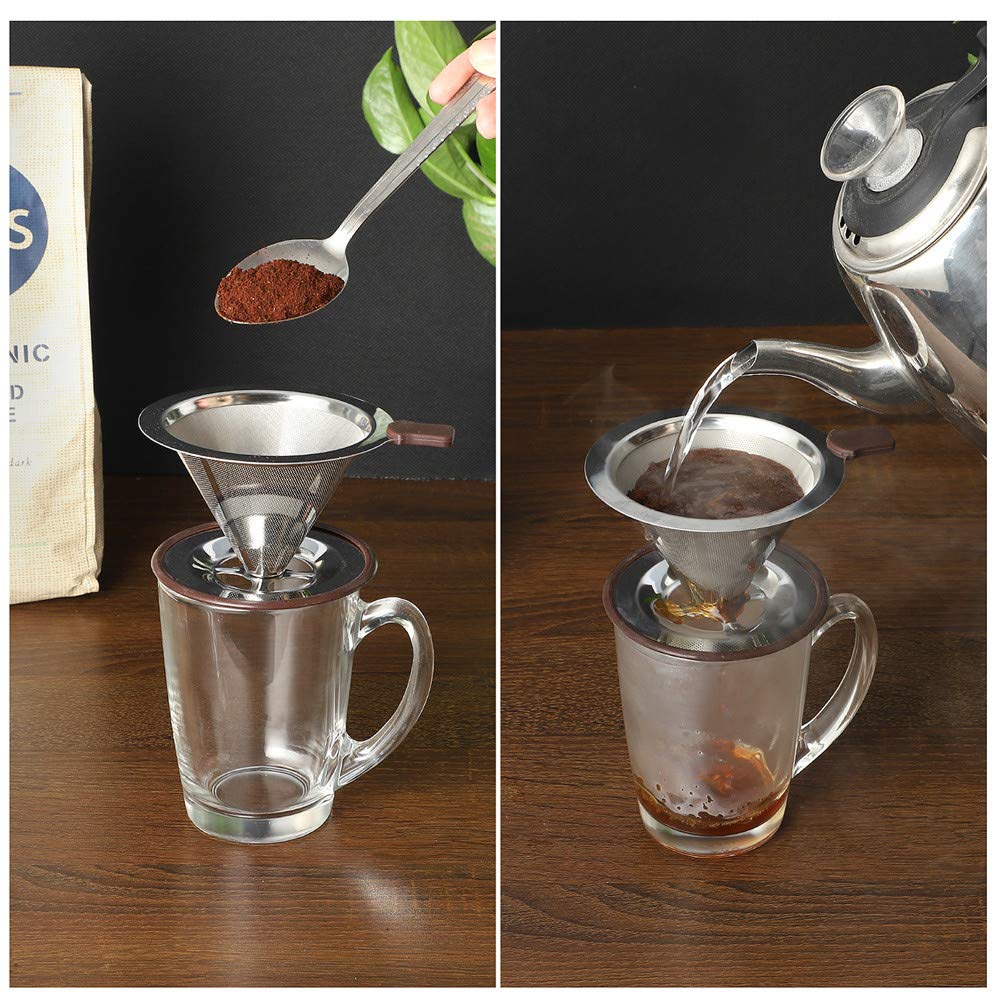 Filtro de café reutilizable sin papel, colador de café profesional de acero inoxidable, filtro de malla doble mejorado con soporte para tazas, 1-2 tazas