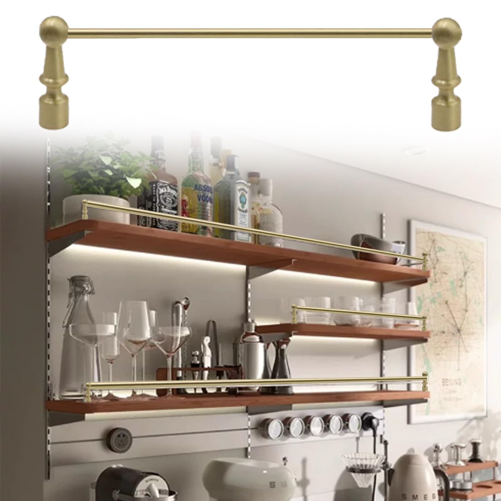 Decorative Long Brass Shelf Rails for Shelves 24 36 48 78 inch, Antique Brass Gallery Rail Kit for Traditional Library, Tipping Railing with End Post(50inch/1270mm)