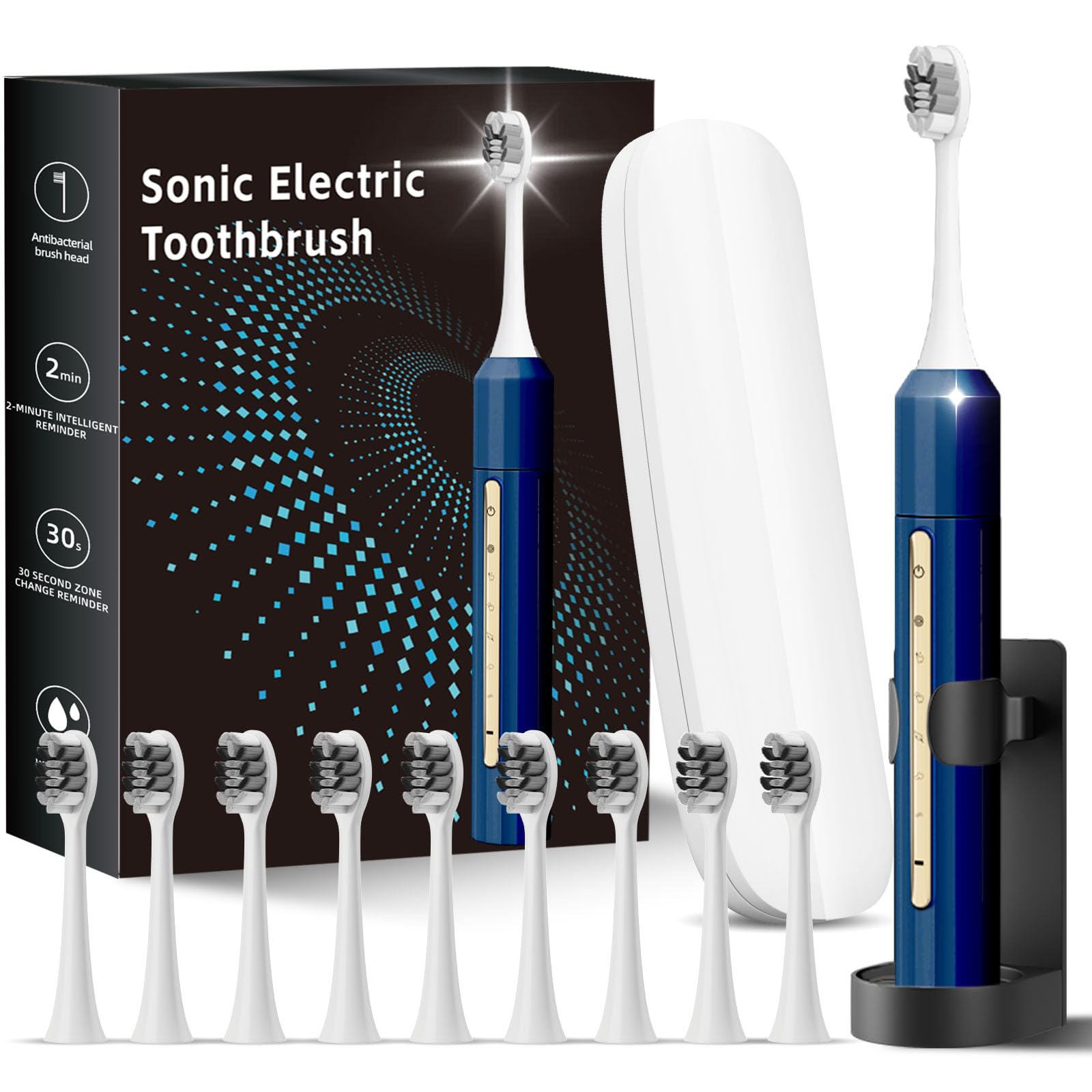Fairir Cepillo de dientes eléctrico Sonic para adultos y niños, 10 cabezales de cepillo, batería de 30 días, 5 modos, temporizador de 2 minutos, IPX8 impermeable, recargable y apto para viajes (azul)