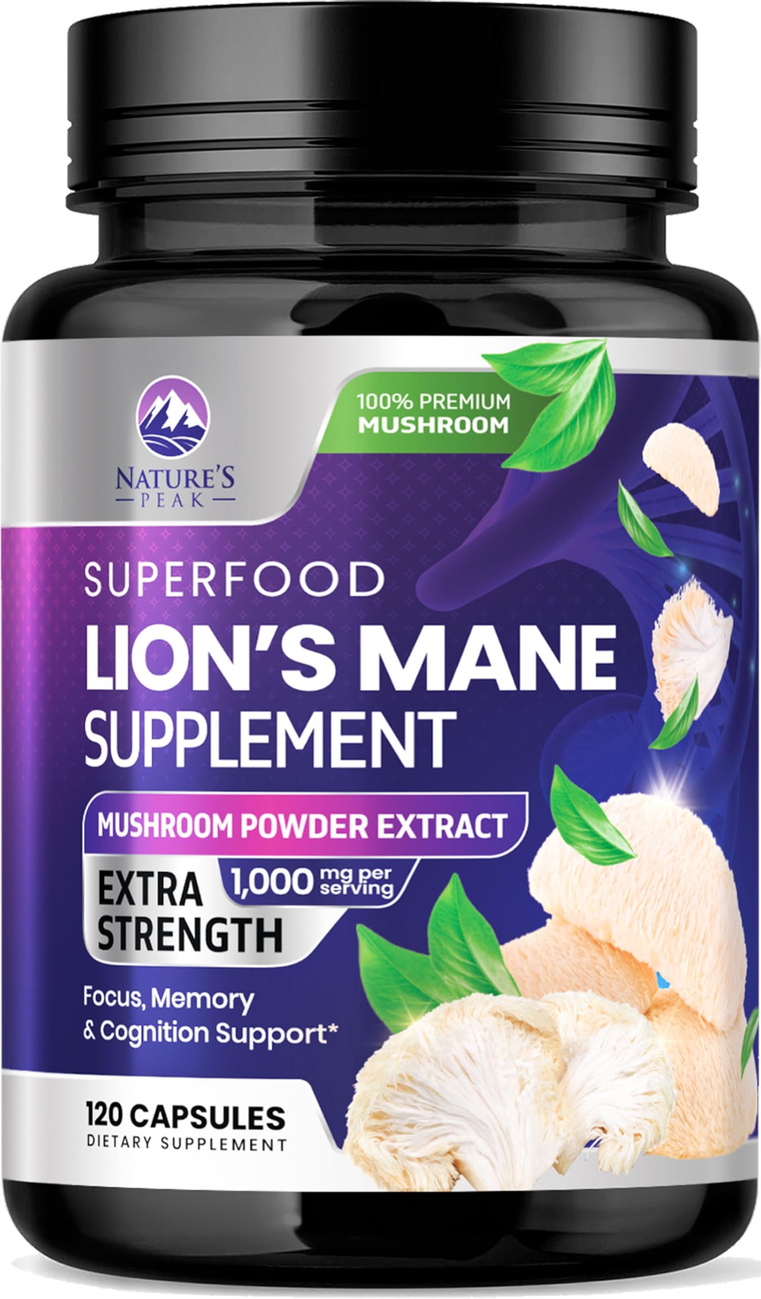 Lions Mane Supplement Capsules - Lions Mane 1000mg Per Serving - Extra Strength Lion’s Mane Mushroom - Superfood for Natural Memory, Focus, Brain, Immune Health Support - Bottled in USA - 120 Capsules 120 Count (Pack of 1)