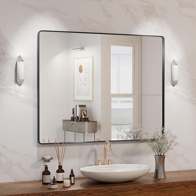 Amazon.com: BASNLIFE Black Modern Bathroom Vanity Mirror with Tempered ...