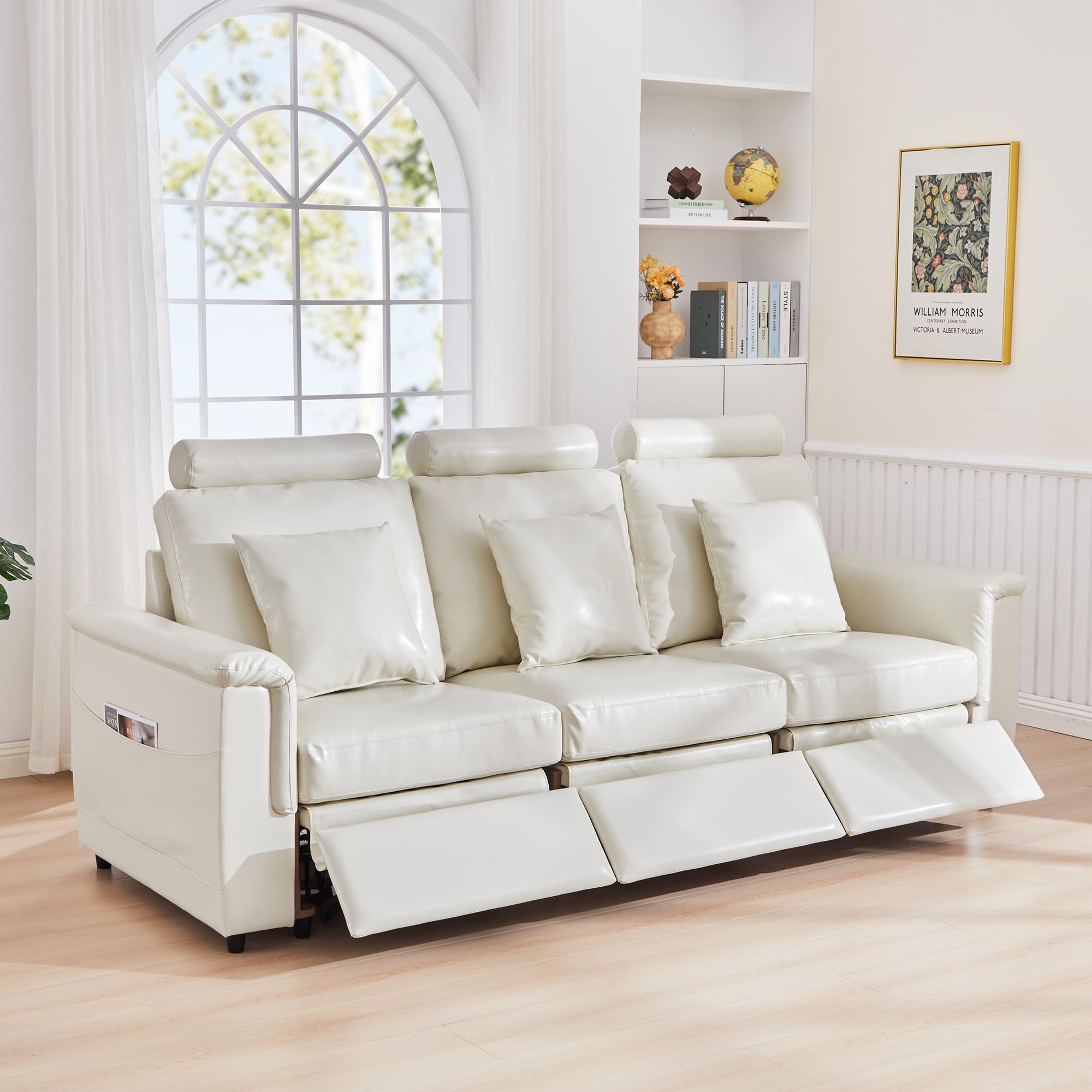 LEVNARY 3-Seater Modular Reclining Sofa, Upholstered Faux Leather Power Recliner Couch with 3 Electric Seats, 3 Pillows &amp; Side Pockets, Adjustable Back &amp; Footrest, Living Room Furniture (White)