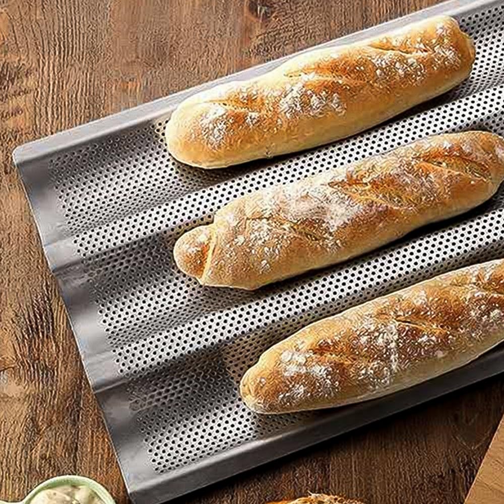 2 Pièces Plaque à Baguette Moule pour 3 Baguettes Moulle à Baguette Pain avec Revêtement Antiadhésif Moule à Pain Baguette Français Moule à Baguette en Acier Carbone pour Cuisson De Pain