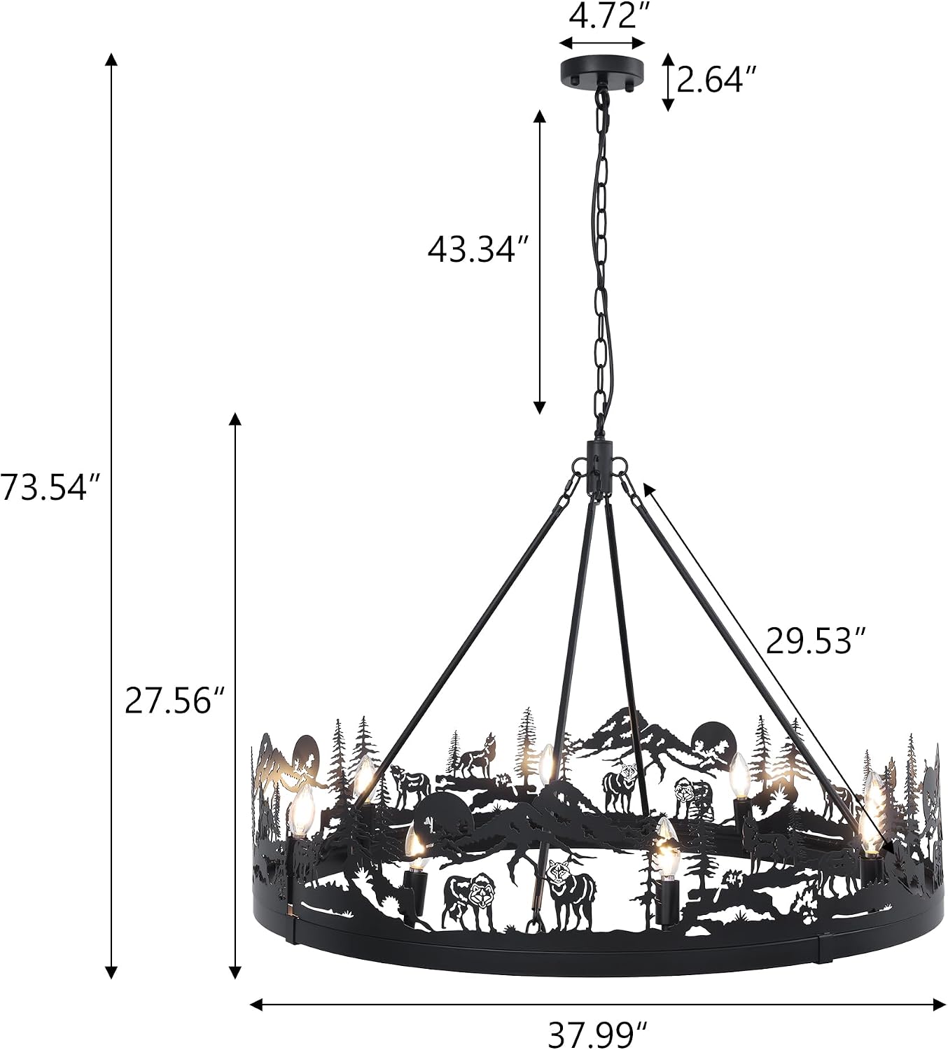 Wellmet 38-Inch Black Forest Wagon Wheel Chandelier, Black Rustic Western Wheel Chandelier, Vintage Black Metal Wildlife Design for Living Room, Dining Room, Cabin