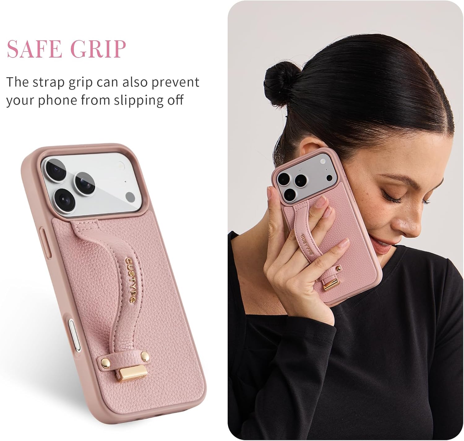 CUSTYPE for iPhone 18 Pro 6.3" Case with Adjustable Strap Kickstand Pink