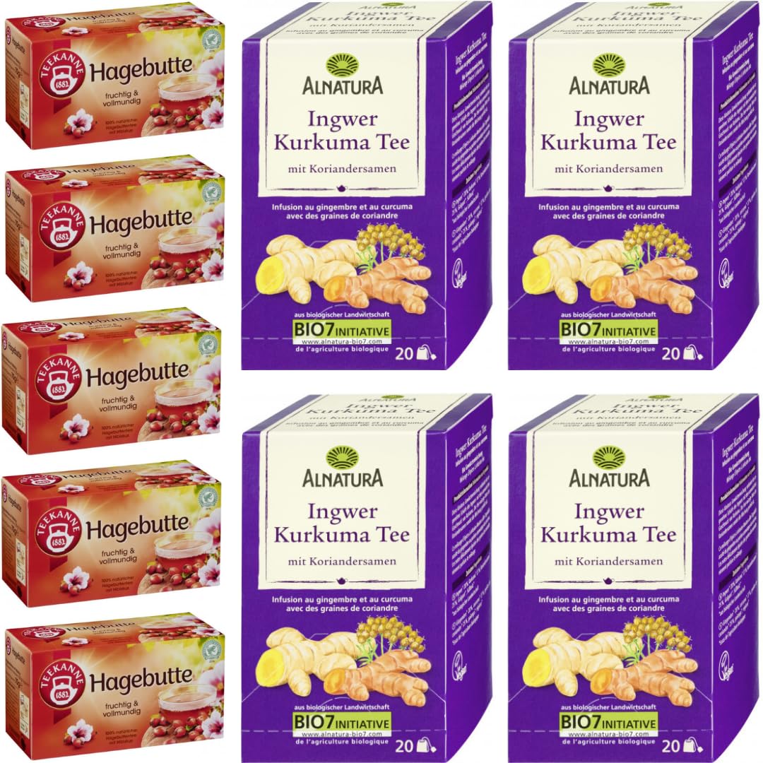 Ingwer Kurkuma Tee mit Koriandersamen 20ST 40G x 4 Packungen + Teekanne Hagebutte Tee 20 x 3.5 gramm x 5 er Pack