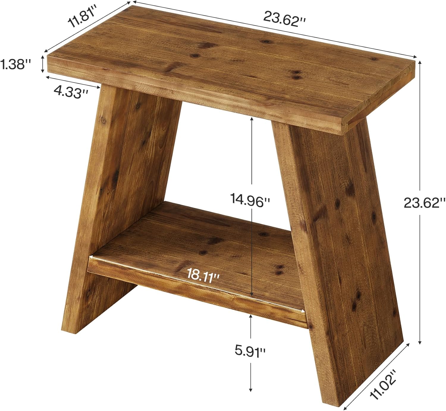 Solid Wood End Table for Living Room, Narrow Small Side Table with 2-Tier Storage, Farmhouse Bedside Nightstand for Bedroom, Small Places, Rustic Brown (1PCS)