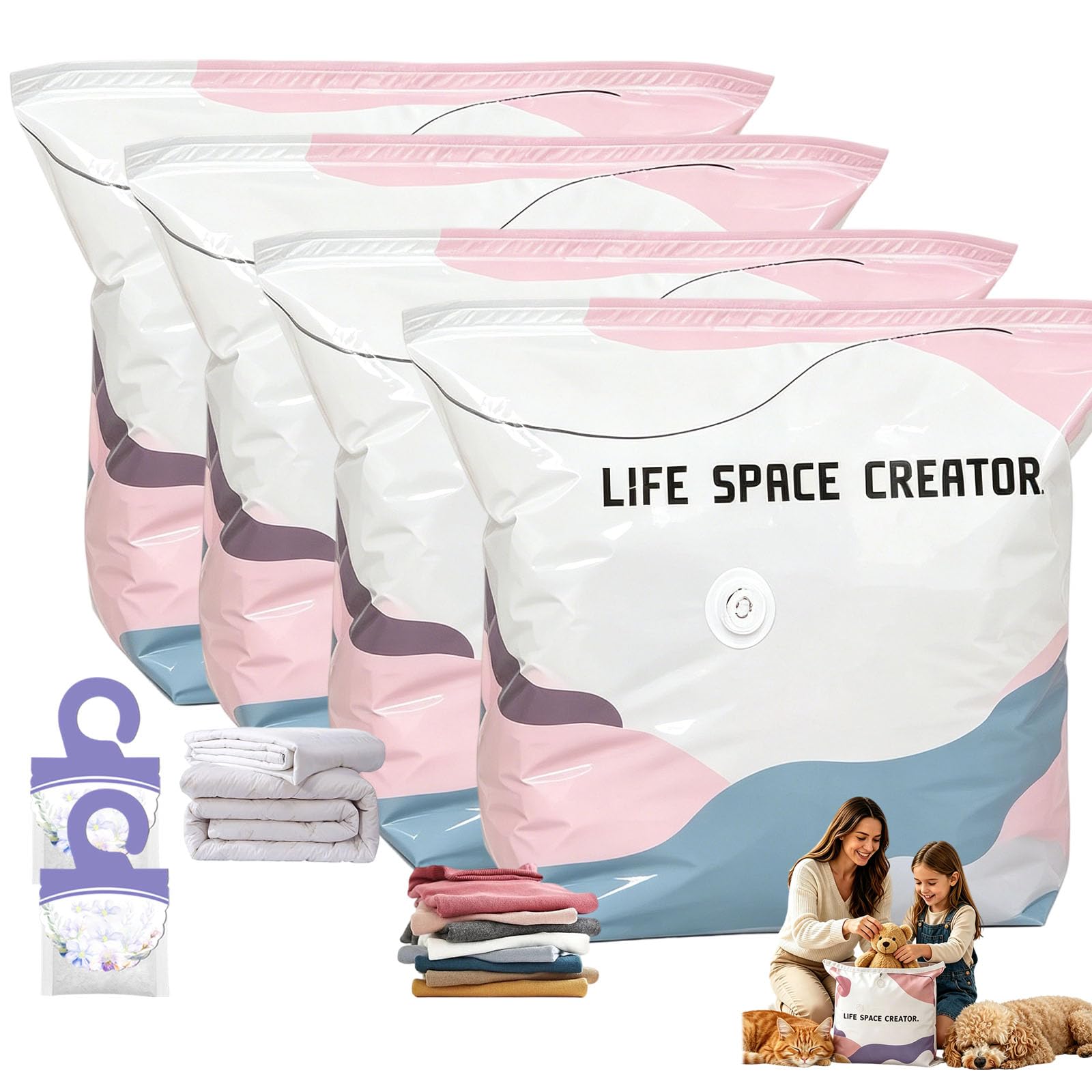 No Pump 3D Vacuum Storage Bags, No Pump Large Vacuum Storage Compression Bags, Reusable, Dust-Proof, Airtight Seal Moisture-Proof, Space Saver, For Clothes Duvet Travel and Home (4M)