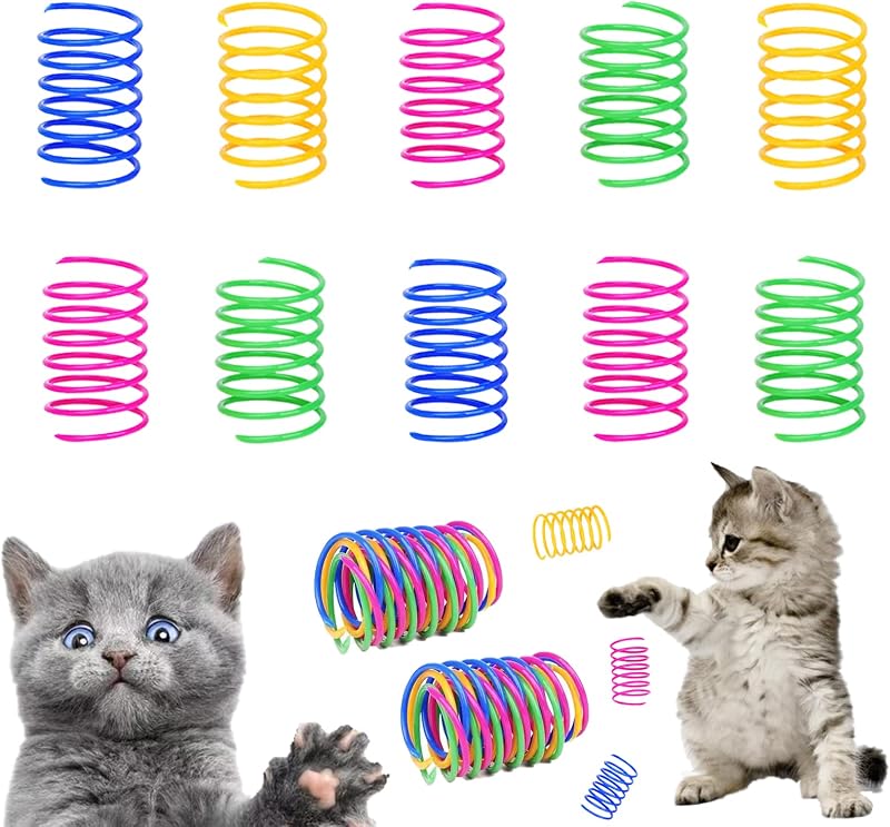 Juguete de primavera para gatos (paquete de 100), juguete de ejercicio interactivo para gatos de interior, bobina de plástico multicolor para que los gatitos la golpeen, muerdan y cazen