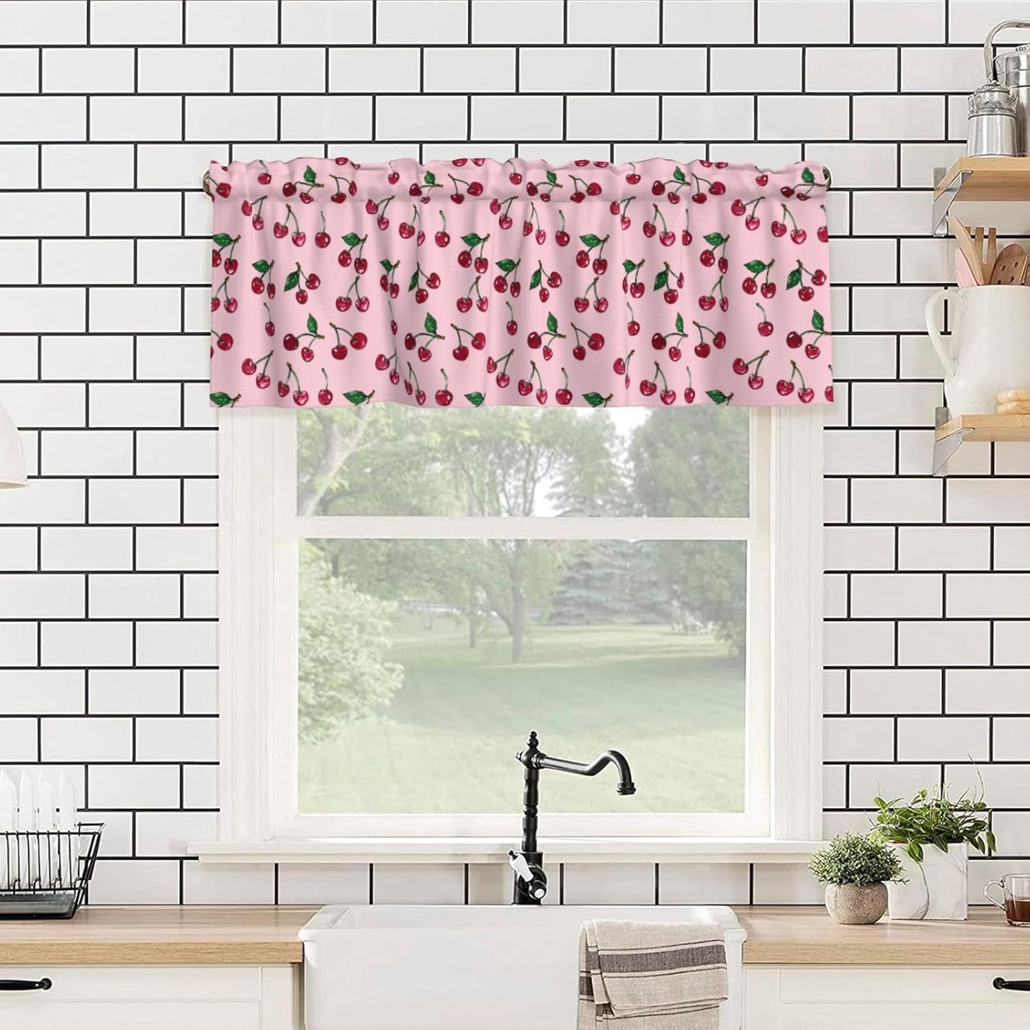 Valance for Windows Red Cherry Leaf Kitchen Curtains Valances Rod Pocket Summer Fruit Pink Window Treatment Short Topper Curtains 1 Panel, 54x18inch