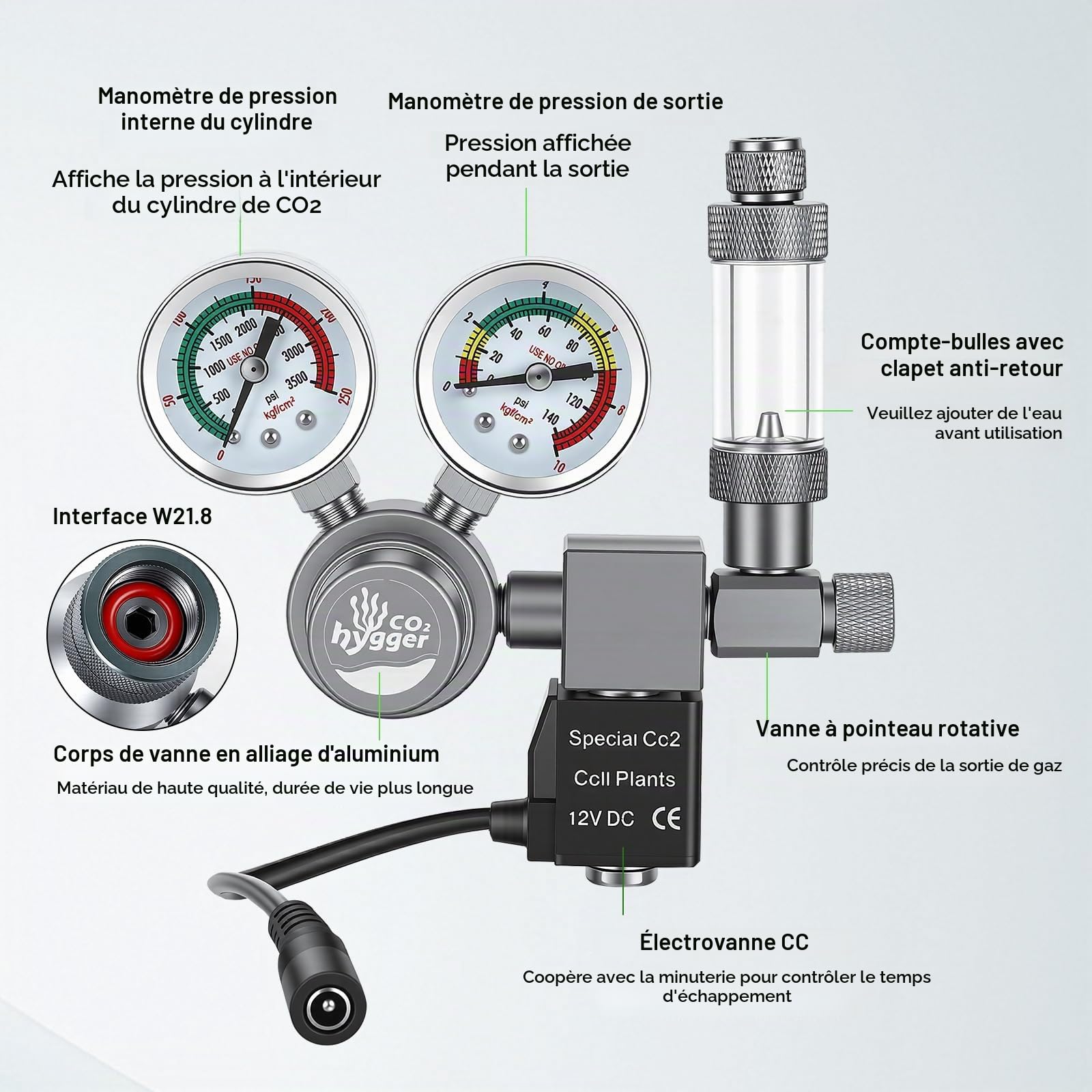 Régulateur de CO2 Aquarium Solenoid Double Manomètre Réducteur de Pression | avec Compteur de Bulles avec Valve Clapet Anti-Retour, Interface W21.8 co2 regulator aquarium pour Aquarium Planté tank