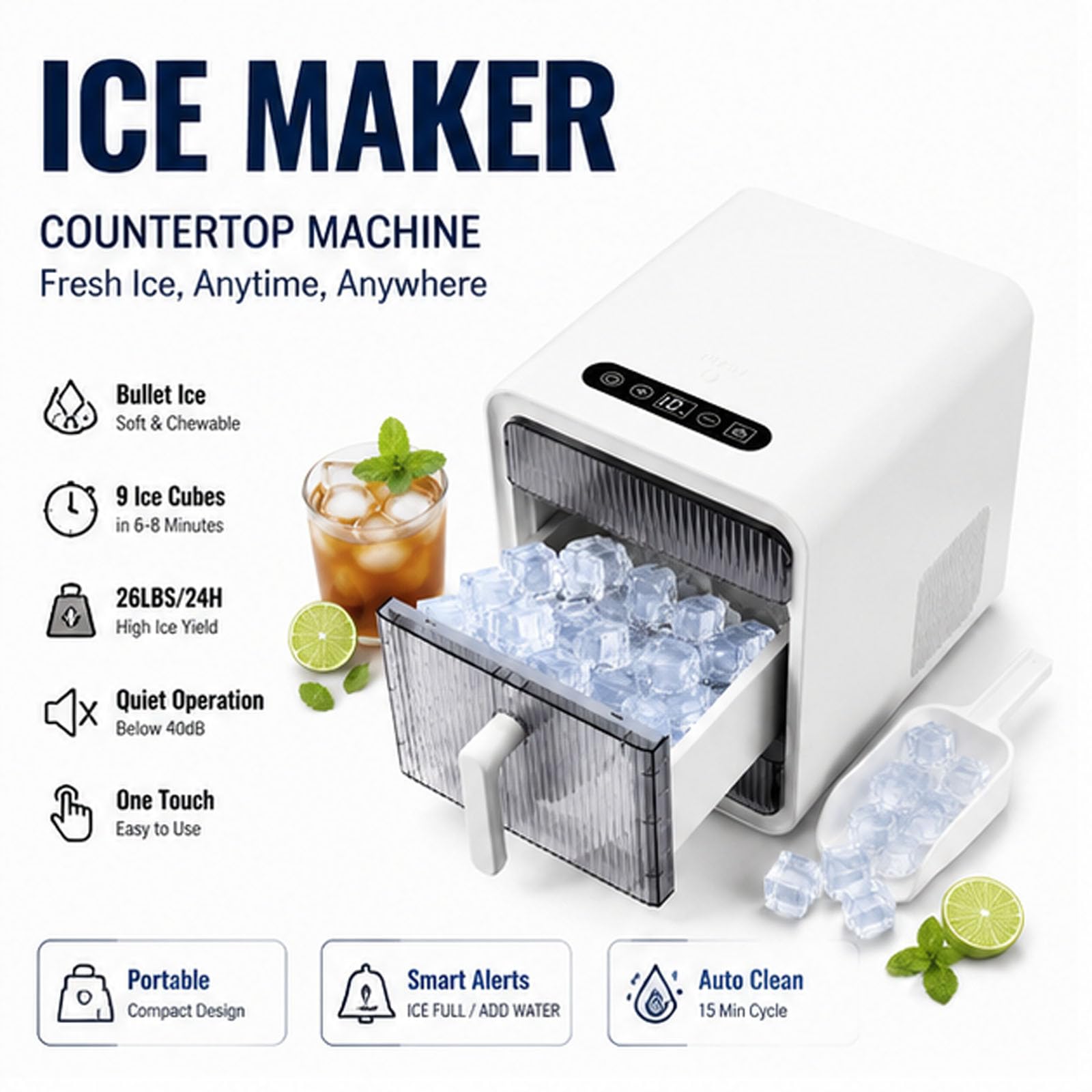 Fabricador de hielo de encimera con cuchara, máquina de hielo portátil de 1.5L, 12 cubos de hielo en 10 minutos, 28LBS/24H, autolimpieza, para hogar, cocina, RV, camping, fiesta