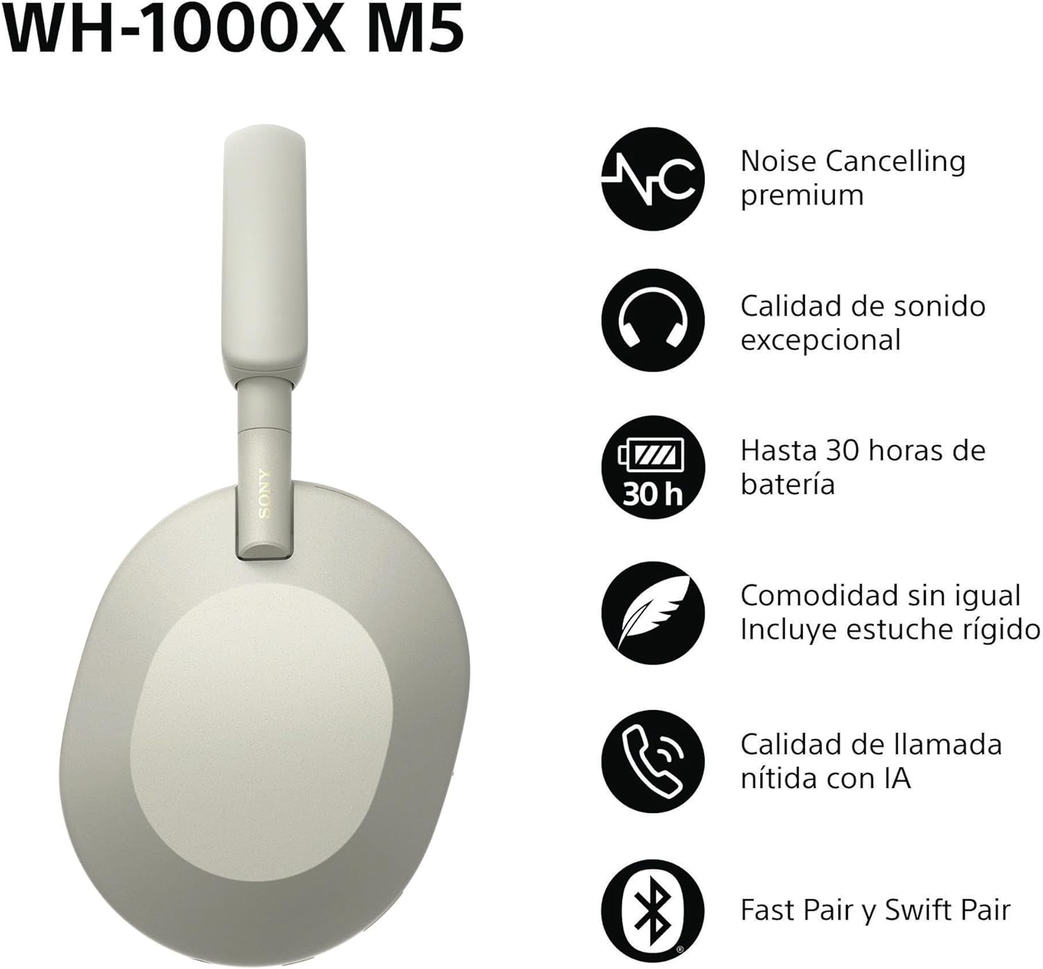 Sony WH-1000XM5 Noise Cancelling, Auriculares Bluetooth de diadema, Llamadas cristalinas, Hi-Res, 30 h de batería, Carga rápida, Incluye Funda rígida, iOS, Android – Plata 4