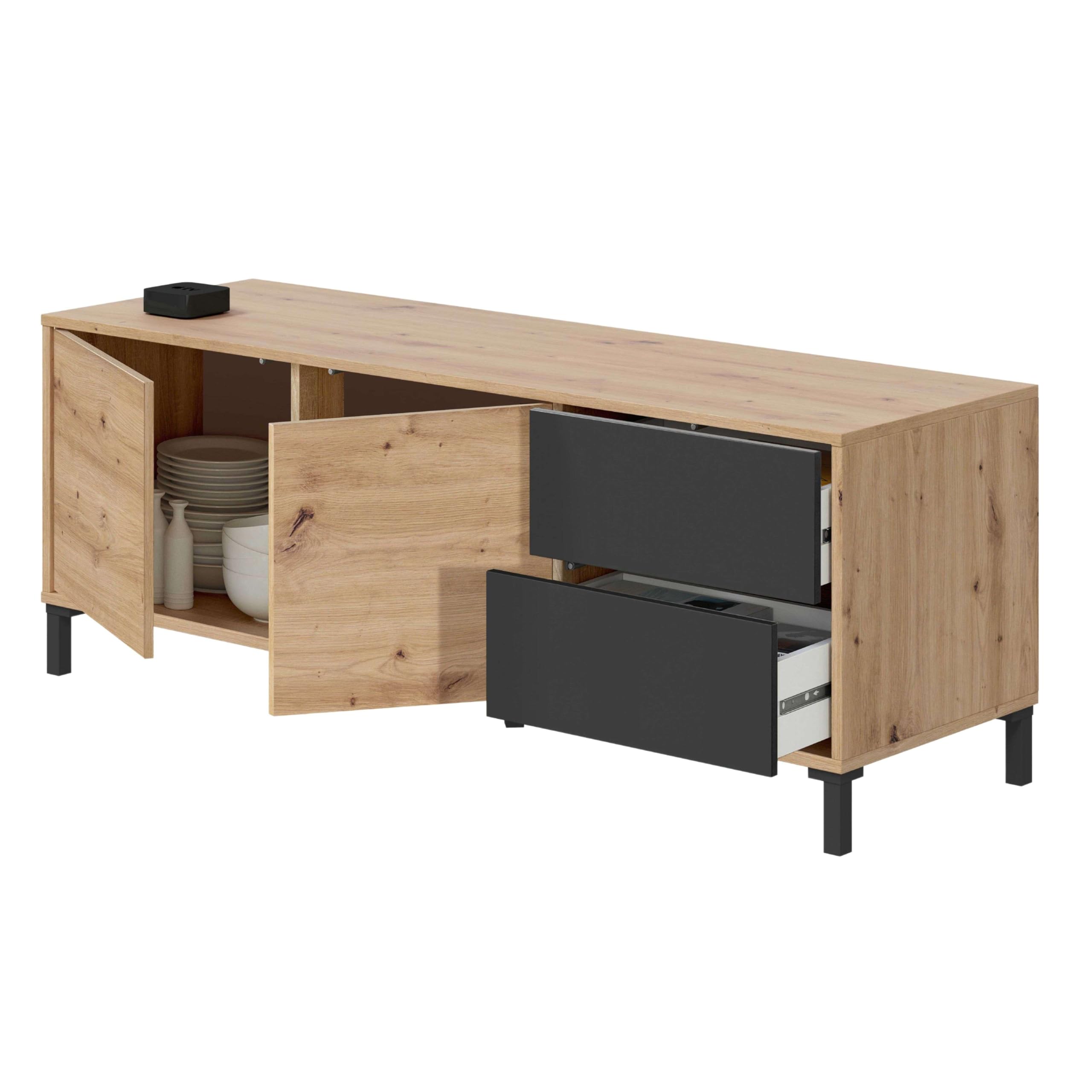 Habitdesign, moderner TV-Schrank mit 2 Türen und 2 Schubladen in Eiche Nodi und Anthrazit, Wohnzimmermöbel mit Stauraum, Maße: 130 x 47 x 41 cm (B x H x T), Modell Brooklyn