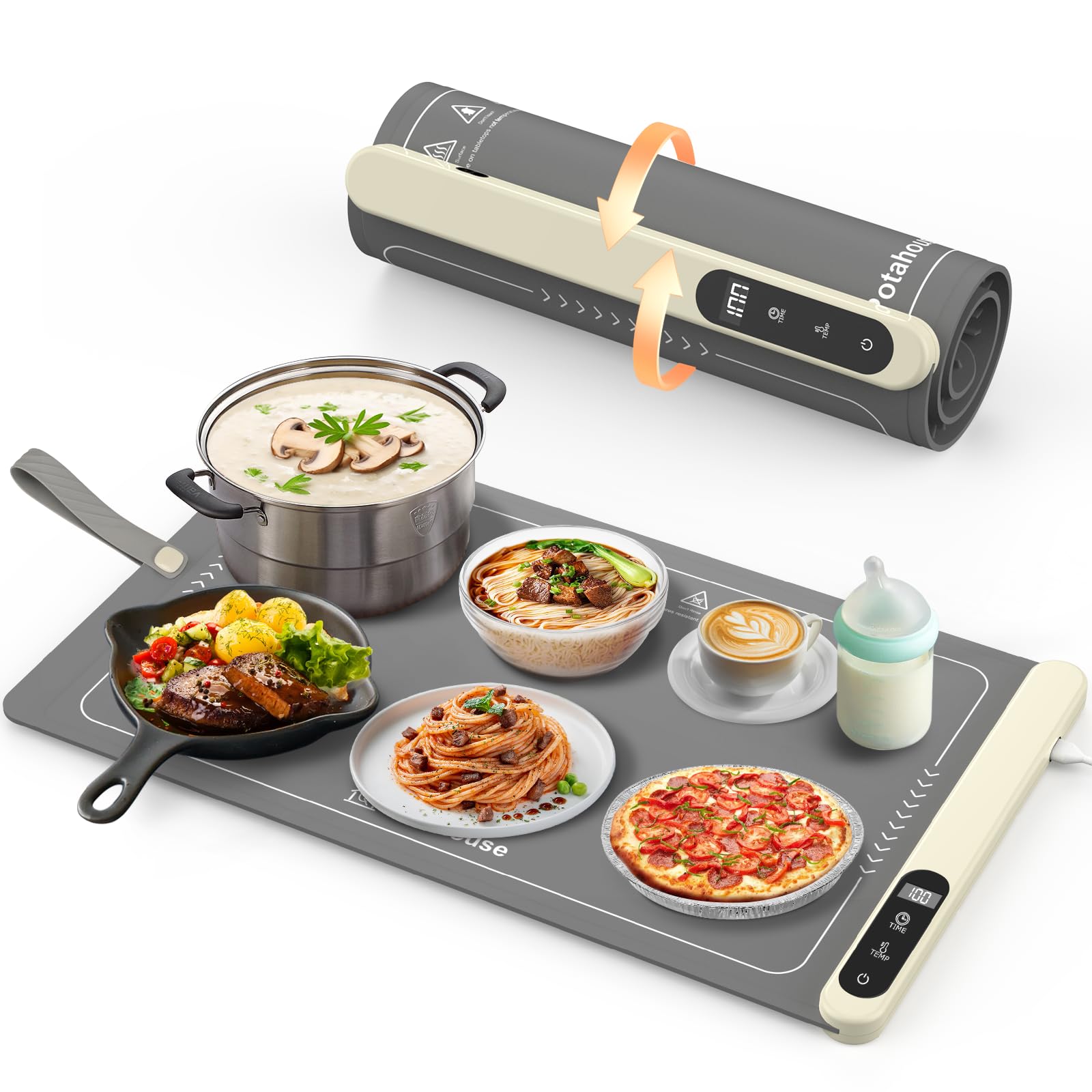 Potahouse® Warming Mat for Food, Graphene Full-Surface Fast Heating, Electric Warming Tray with 6 Temp & Timer Settings, Rollable & Portable Silicone Food Warmer for Parties, Home and Travel, Gray