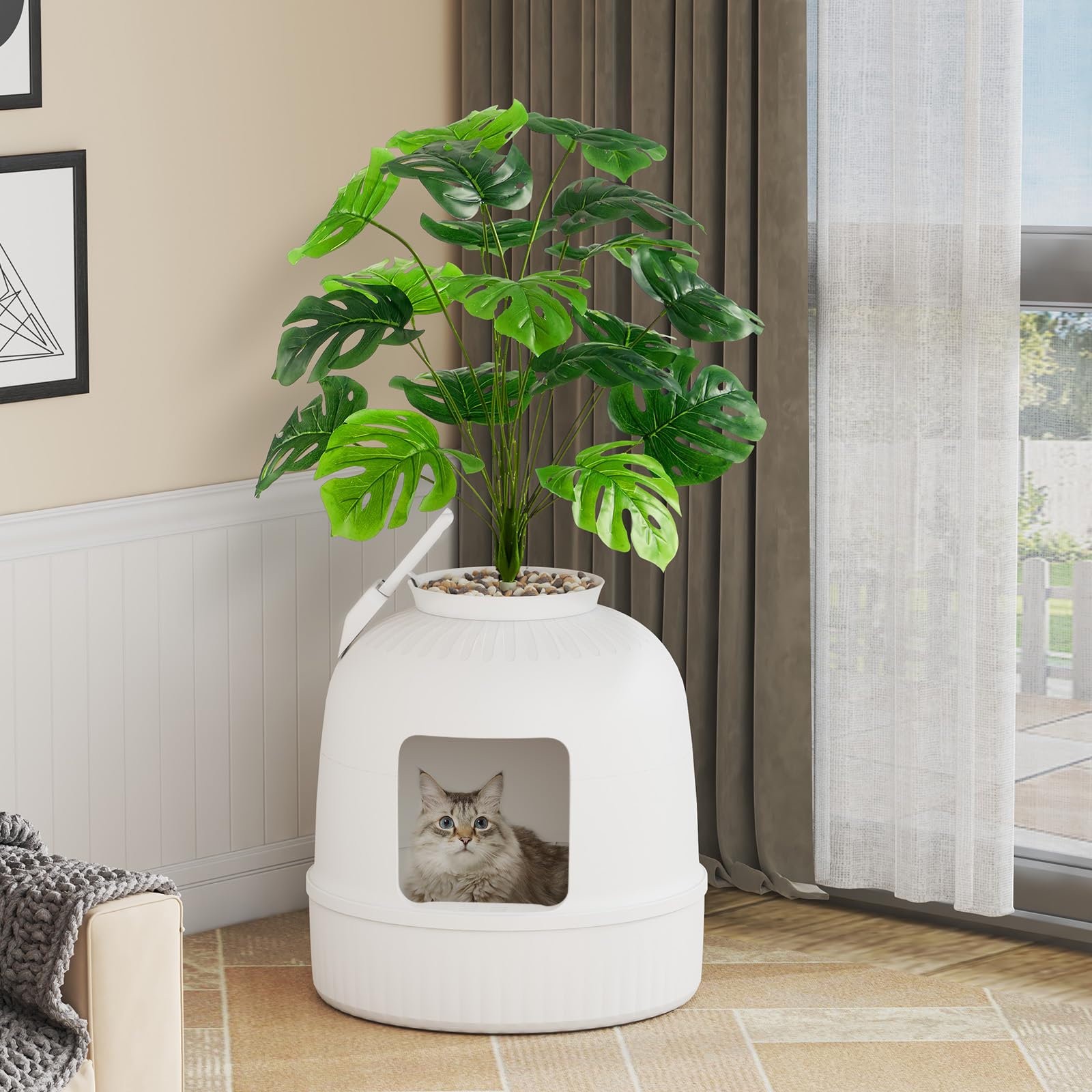 Lifewit Arenero Gato con Desodorizante y Filtro de Carbón, Arenero Maceta para Sala de Estar, Dormitorio, Esquinas, Cagadero Gatos Cerrado con Planta Artificial, Pala, 48 x 120 cm, Blanco