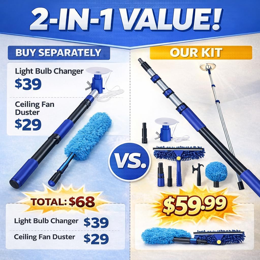 20FT Light Bulb Changer for High Ceilings, 10PCS Extension Pole Kit with 360° Adjustable Bulb Grabber, Ceiling Fan Duster & Window Cleaner, No Ladder Needed