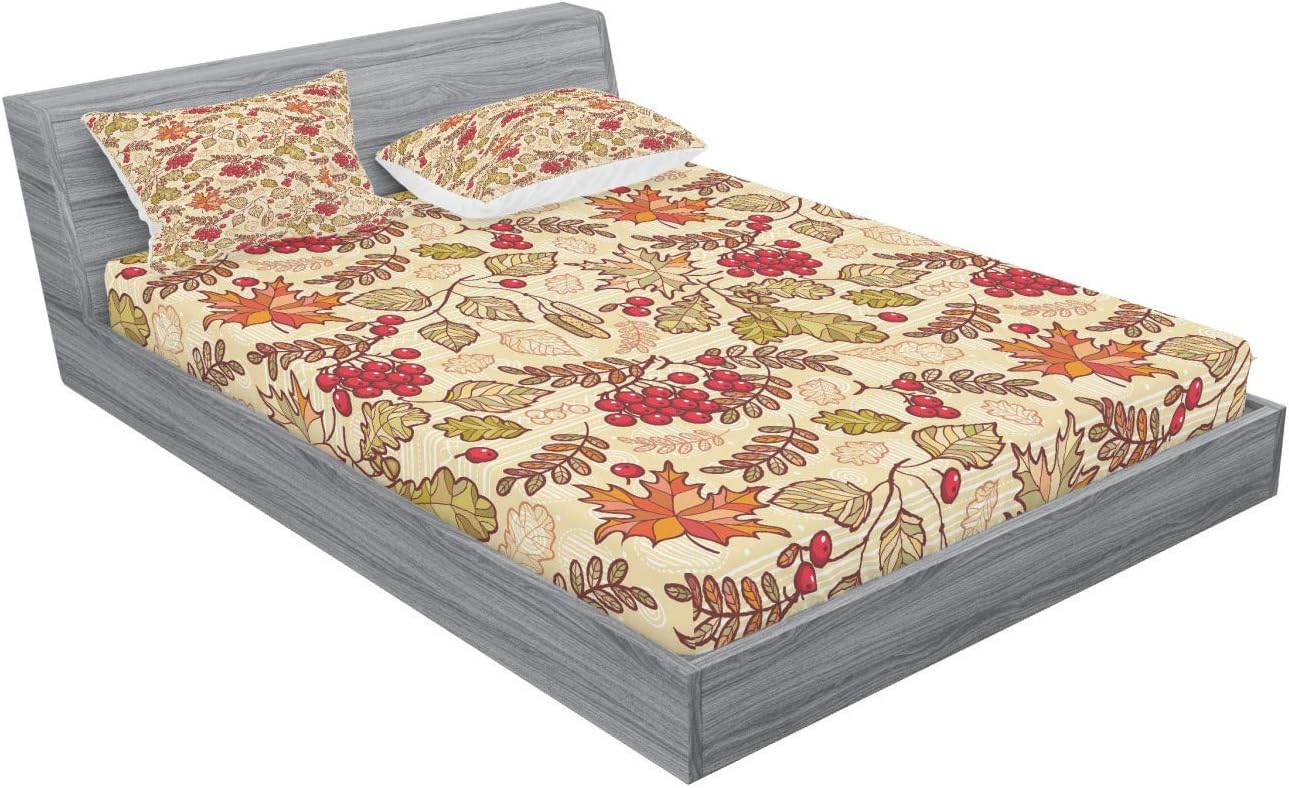 Ambesonne Rowan Fitted Sheet & Pillow Sham Set, Fall Season Themed Mixed Pattern with Maple Birch Oak Autumn Leaves and Ashberries, Decorative Printed 3 Piece Bedding Decor Set, Full, Beige