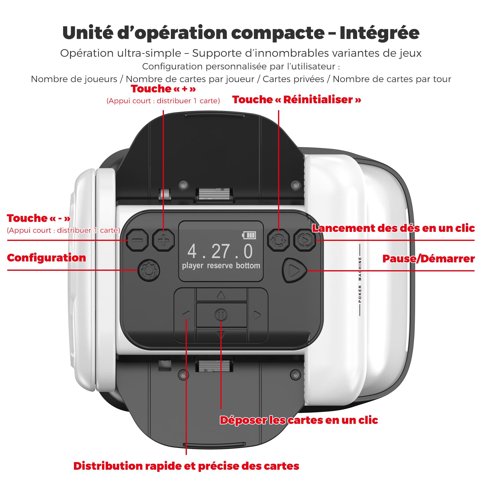 Mélangeur et distributeur de cartes automatique avec fonction de rotation à 360°, répartition de cartes réglable pour plusieurs joueurs, angle de sortie polyvalent et compatibilité avec