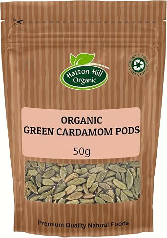 Organic Green Cardamom Pods 50g by Hatton Hill Organic | Aromatic Spice, Perfect for Teas, Curries, and Baked Goods, Pure Flavor