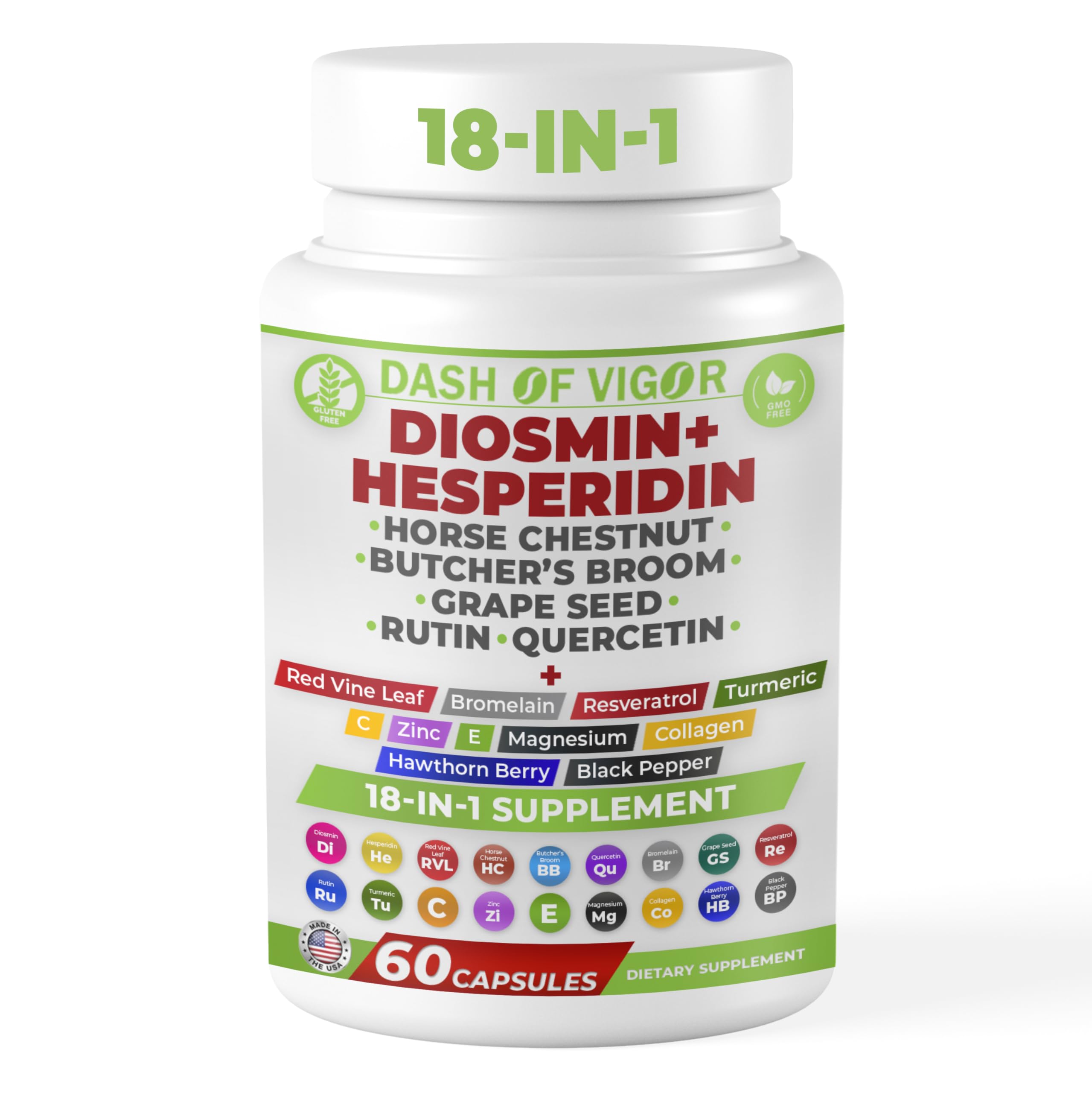Dash of Vigor 18-in-1 Diosmin Hesperidin Supplement, Quercetin with Bromelain, Zinc, Vitamin C with Rutin Supplement, Horse Chestnut Extract, Butcher's Broom Extract, USA, 60 Capsules