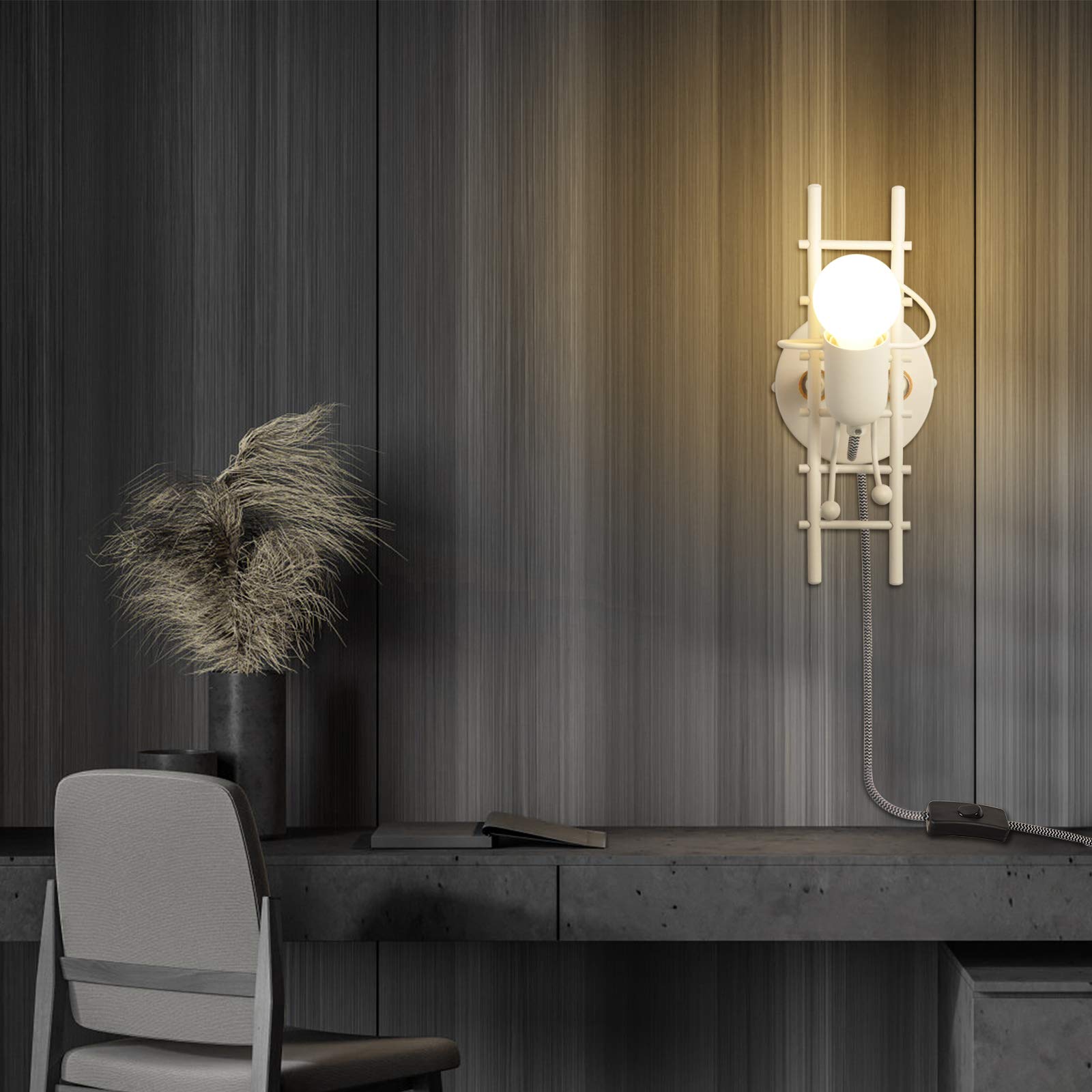LUSTORM 1 Wall Lamp Sconce Decorative for Living Room Hallway Modern White Wall Lights Fixture Stairs Design with Plug in Cord Metal E27 Holder Base for Bedroom Kids - Image 4