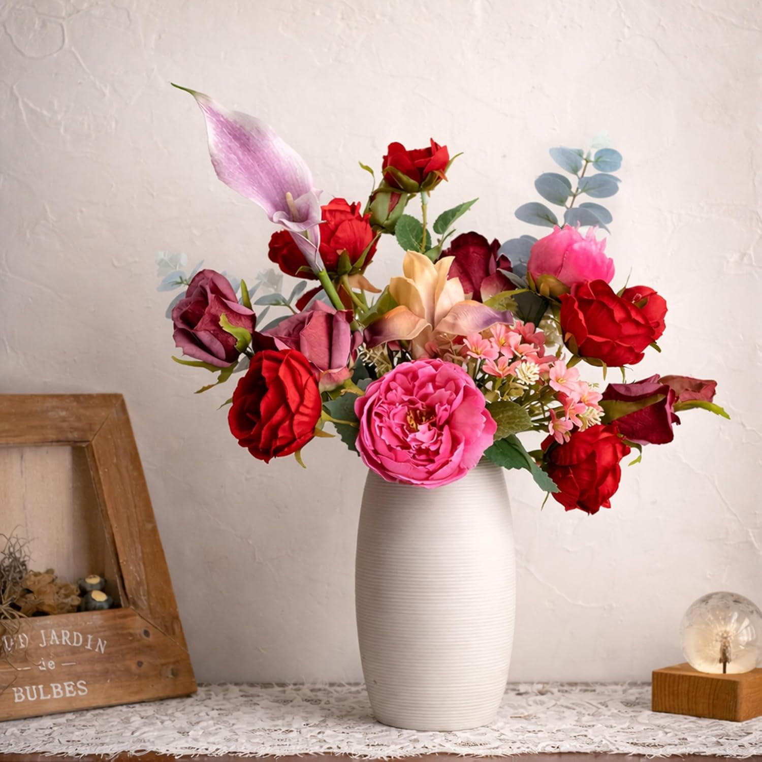 Artificial Flowers Arrangements, Fake Rose & Peony Real Touch Bouquet, Lifelike Faux Floral Assortment Centerpiece for Home Wedding Party Decor (Red & Pink Mixed)