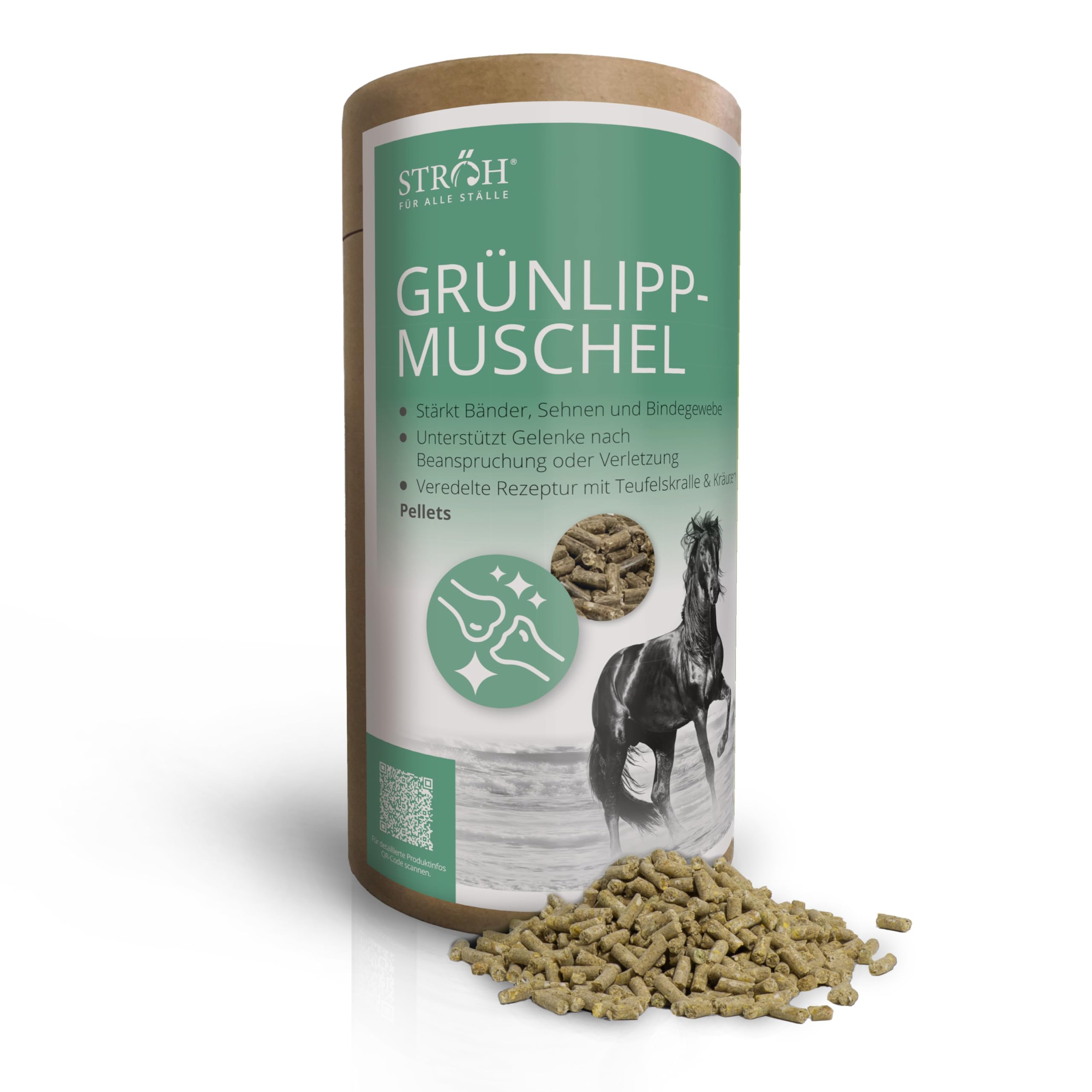 STRÖH Grünlippmuschel Pellets für Pferde - 1,3 kg Feedbox Dose - Natürlich