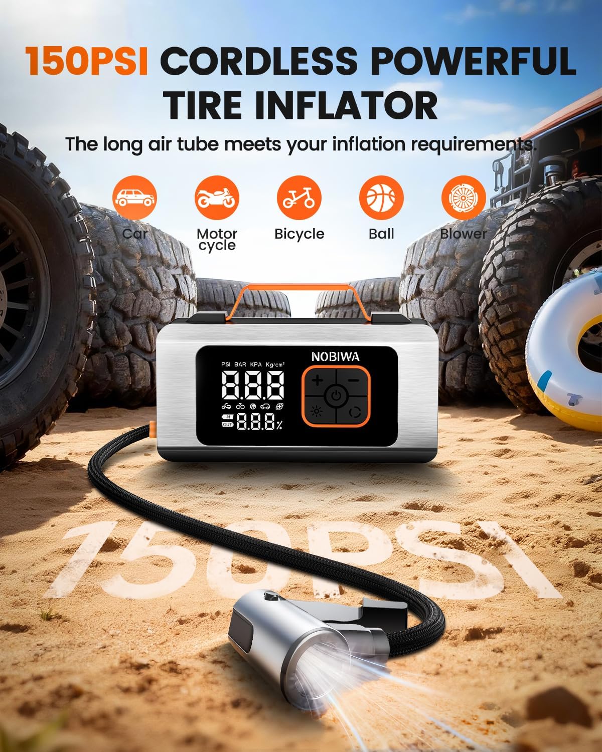 Tire Inflator Portable Air Compressor, Cordless Air Pump 5X Faster with Air Blower, Digital Pressure Gauge, Auto Shut Off & LED Light