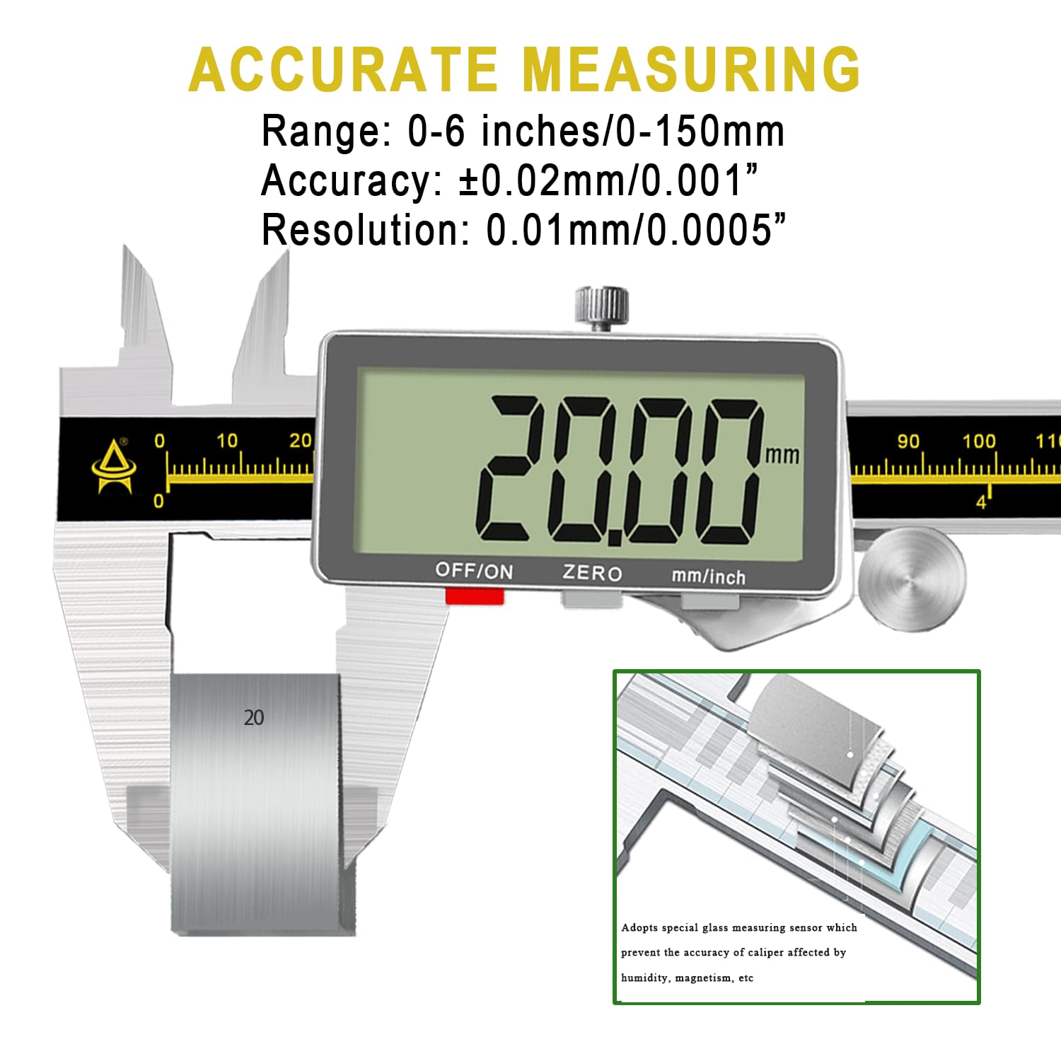 Calibro Digitale,Calibri in Acciaio Inox da 150mm con Display LCD e Batteria di Backup,Auto-Off,Calibro Elettronico Digitale Professionale per Misurzione Esterne,Interne,di Profondità e Passo