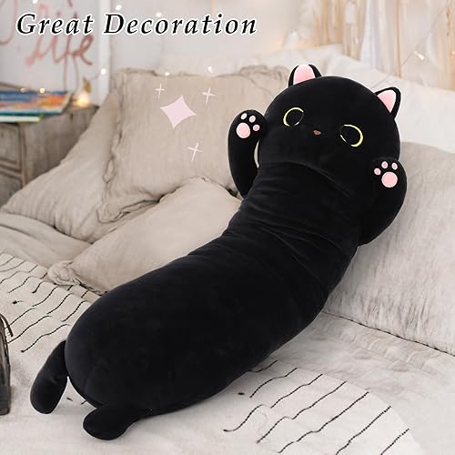 Miniatura 6 de MorisMos Almohada de cuerpo de gato de 43 pulgadas de largo, juguete de peluche grande de dibujos animados, almohada grande para abrazar para niños,