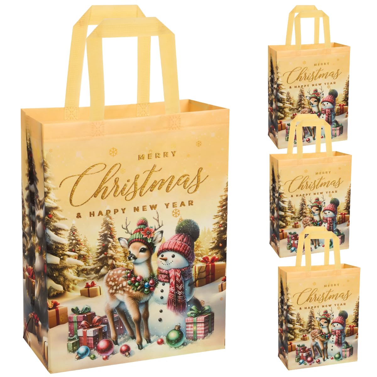 Large Christmas Tote Bags Gift Bags, 4pcs Reusable Non-woven Fabric Yellow Christmas Shopping Bags Print with Elk and Snowman for Gift Wrapping Delivering