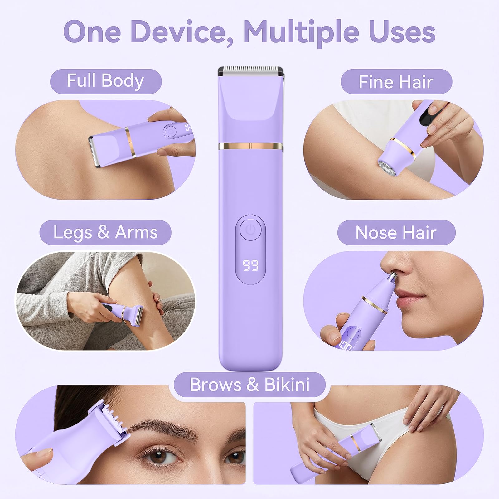 5-in-1 Elektrorasierer für Damen, Intimtrimmer, Bikini-Trimmer, Damenrasierer für Gesicht, Beine, Achseln und Schambereich, wasserdicht (Lila)