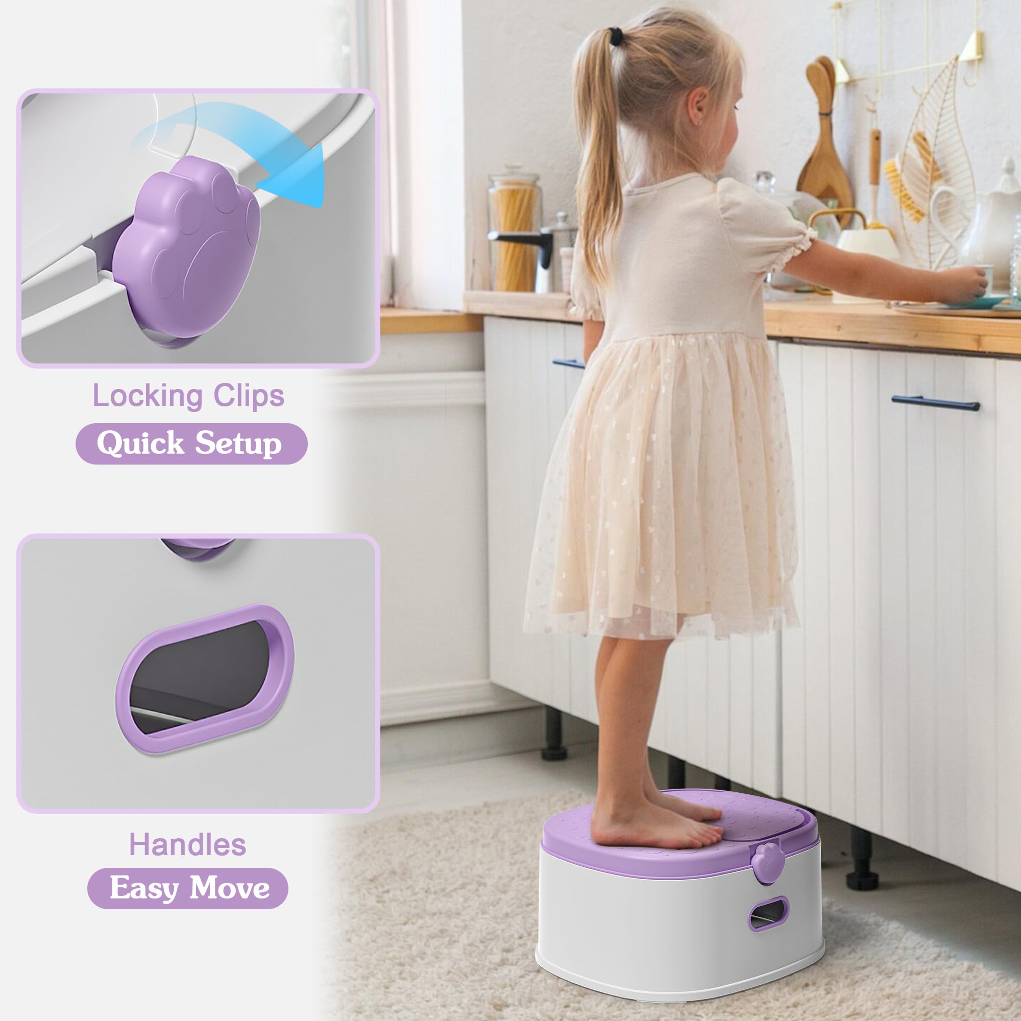3-in-1-Töpfchentraining-Toilette, tragbares Töpfchen, Töpfchentrainingssitz und Kleinkind-Tritthocker, einfacher Aufbau und Reinigung, rutschfester Töpfchentrainer für Jungen, Mädchen, Lavendel