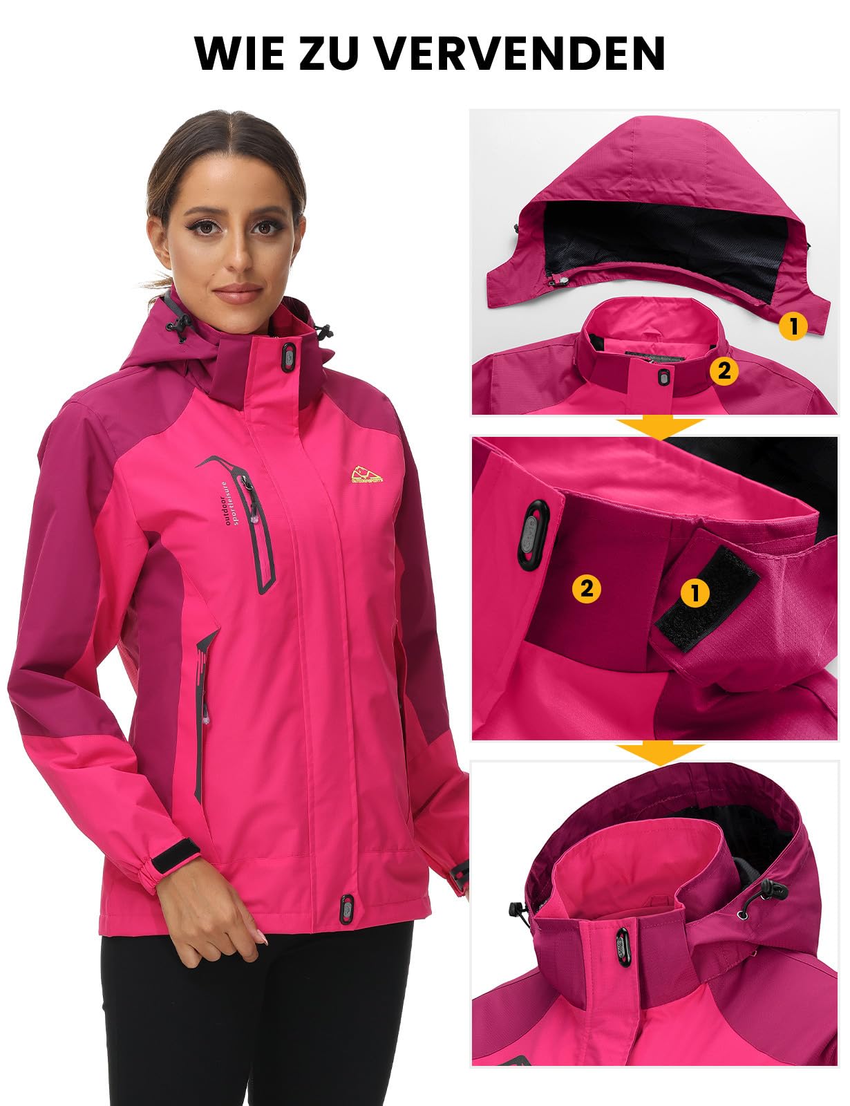 donhobo Damen Wanderjacke Outdoor Jacke Leichte Übergangsjacke Winddichte Jacke Wasserdicht Regenjacke Atmungsaktiv Funktionsjacke mit Abnehmbarer Kapuze