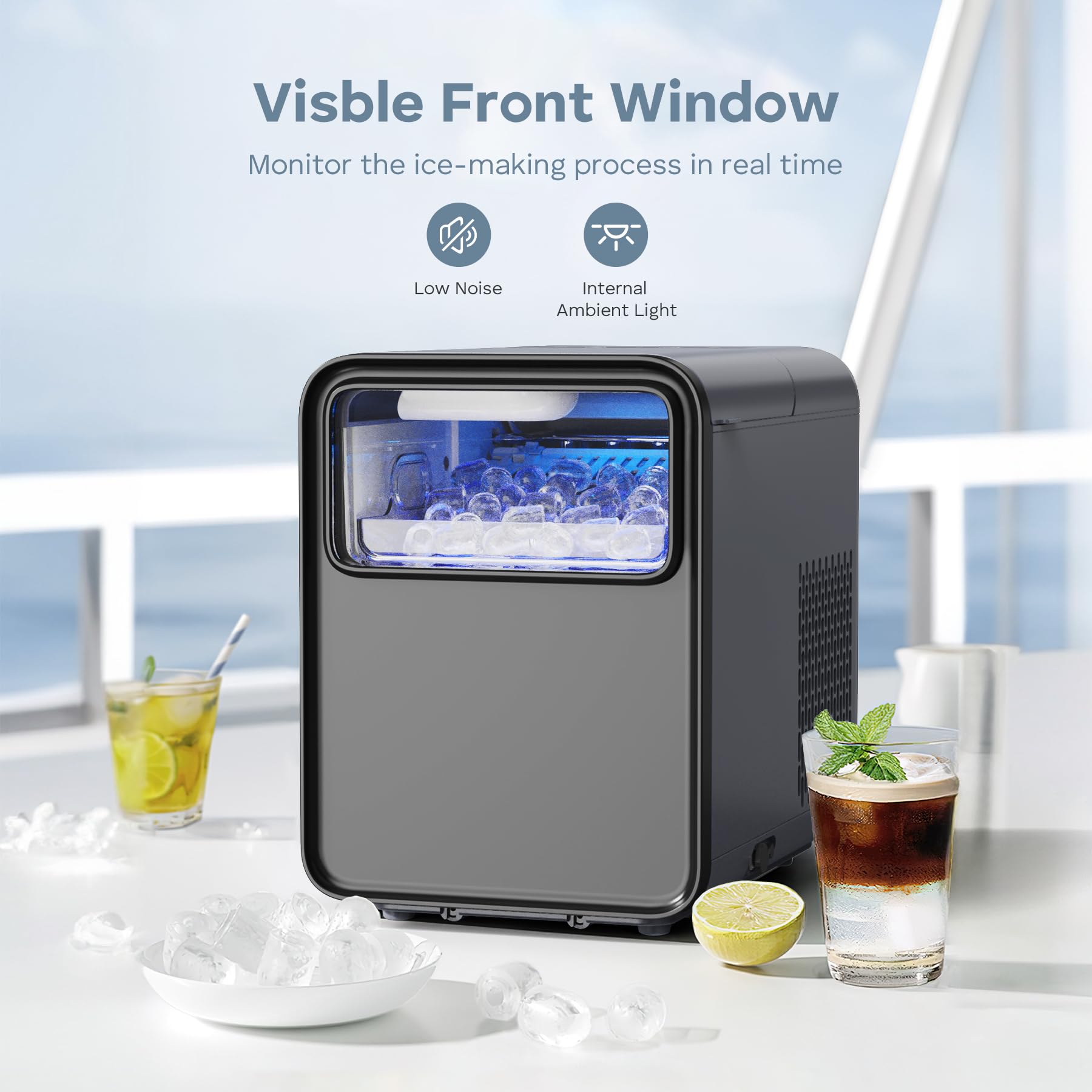 OMISOON Macchina Ghiaccio Casa 12kg/24h, 9 Cubetti in 6-8 Min, Macchina del Ghiaccio 2 Dimensioni di Ghiaccio, Macchina per il Ghiaccio Autopulente per Cucina/Ufficio/Bar, Nero, Nero+Grigio