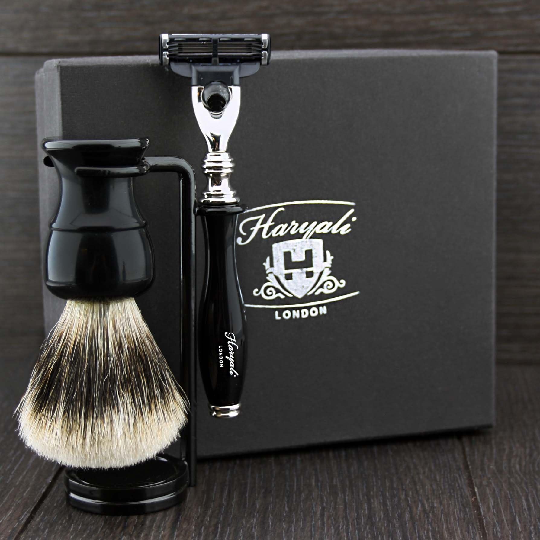 Haryali London Hand Assembled Black Coloured 3 Pc Shaving Set with 3 Edge Cartridge Razor,Pure Silver Tip Badger Hair Brush & Dual Stainless Steel Stand Perfect Kit for Men.