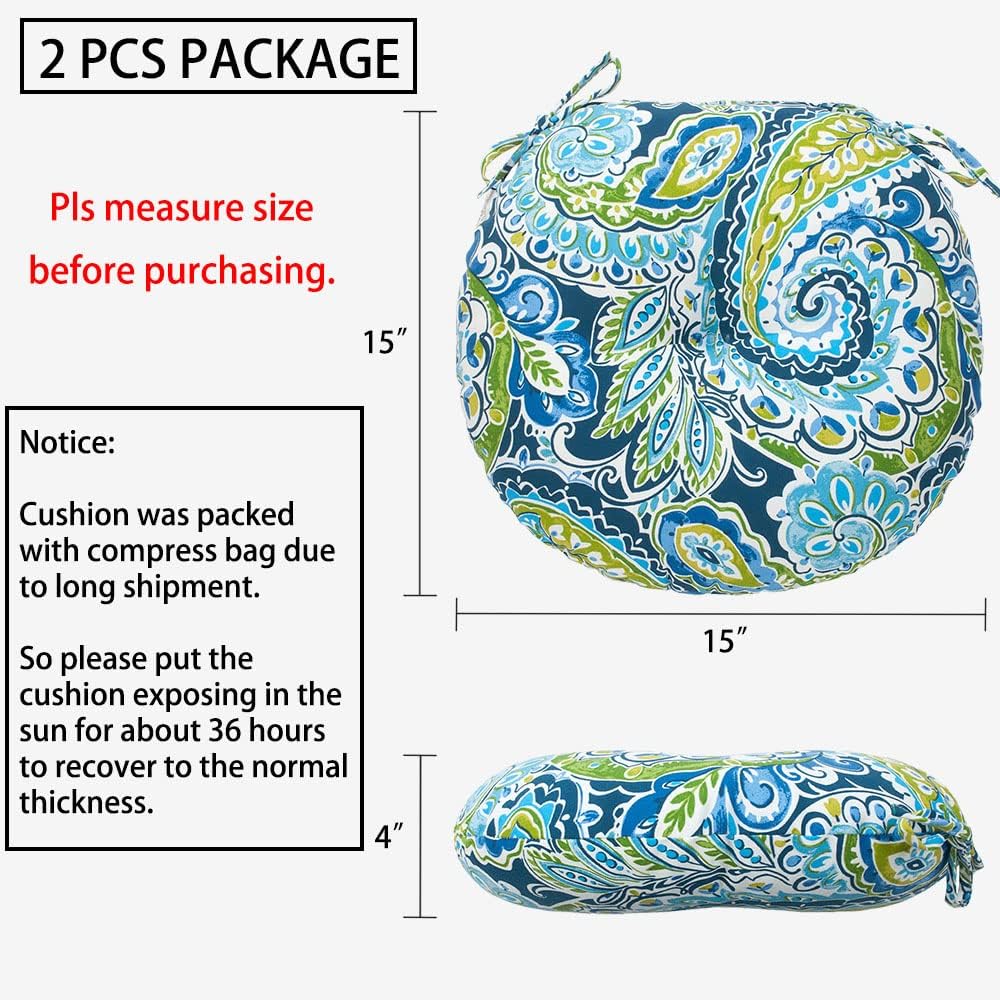 Magpie Fabrics Outdoor Round Bistro Seat Cushions with Ties, 15"x15"x4" Set of 2, Tufted Waterproof Barstool Chair Pads for Patio Home Garden Office, Paisley Lapis Green