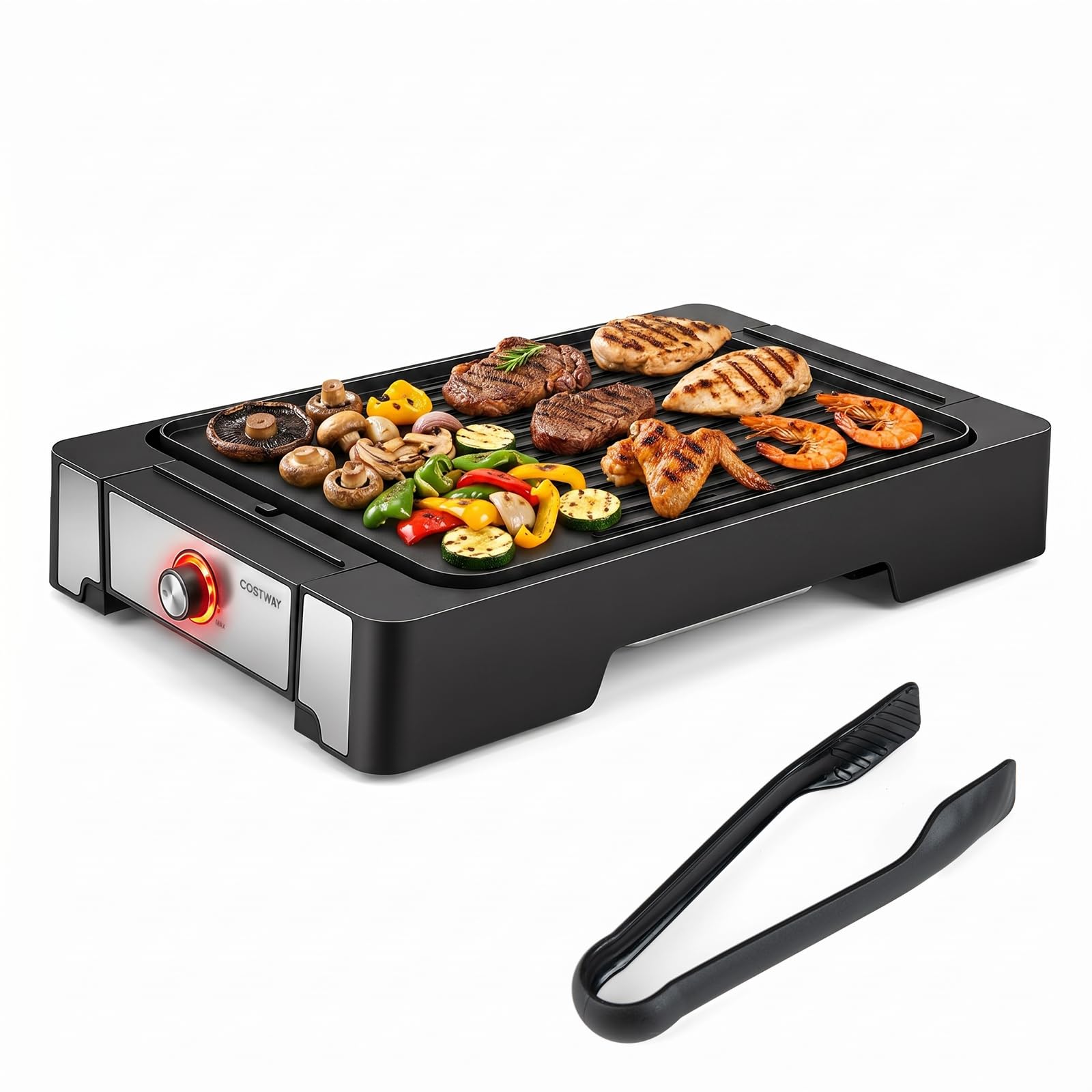 COSTWAY Griglia Barbecue Elettrica, 2300W Piastra Grill Elettrica | con Piastra a 2 Zone, Temperatura Regolabile e Vassoio Raccogli-grasso, Antiaderente con Pinza per BBQ e Campeggio