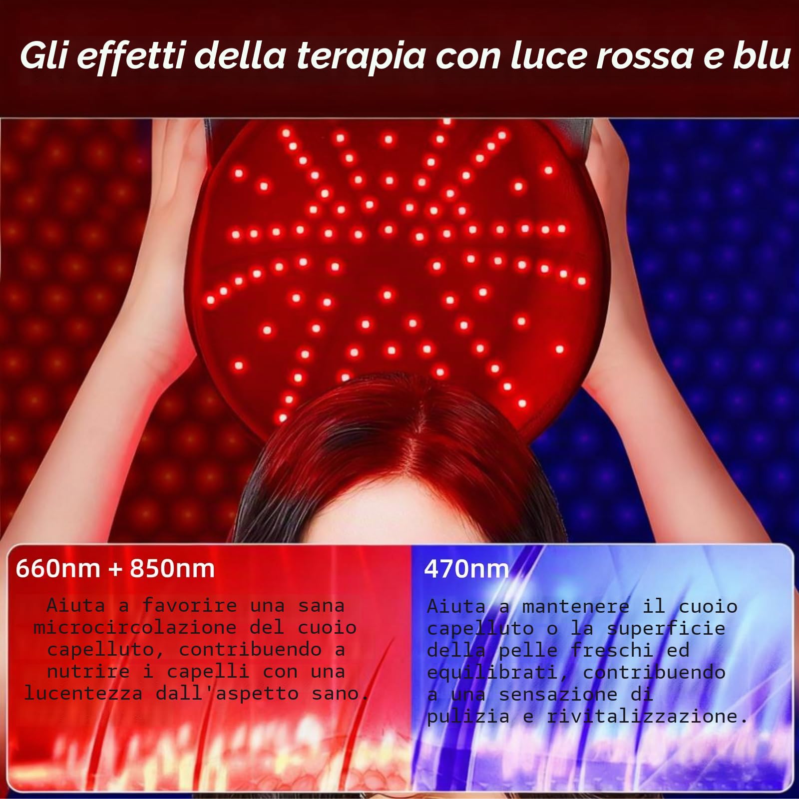 Cappello per Terapia con Luce Rossa e Blu e Massaggio Vibrante, 120 LED a 470nm/660nm/850nm per il Benessere dei Capelli, Dotato di Chip 3-in-1 ad Alta Efficienza e Interruttore con 5 Modalità