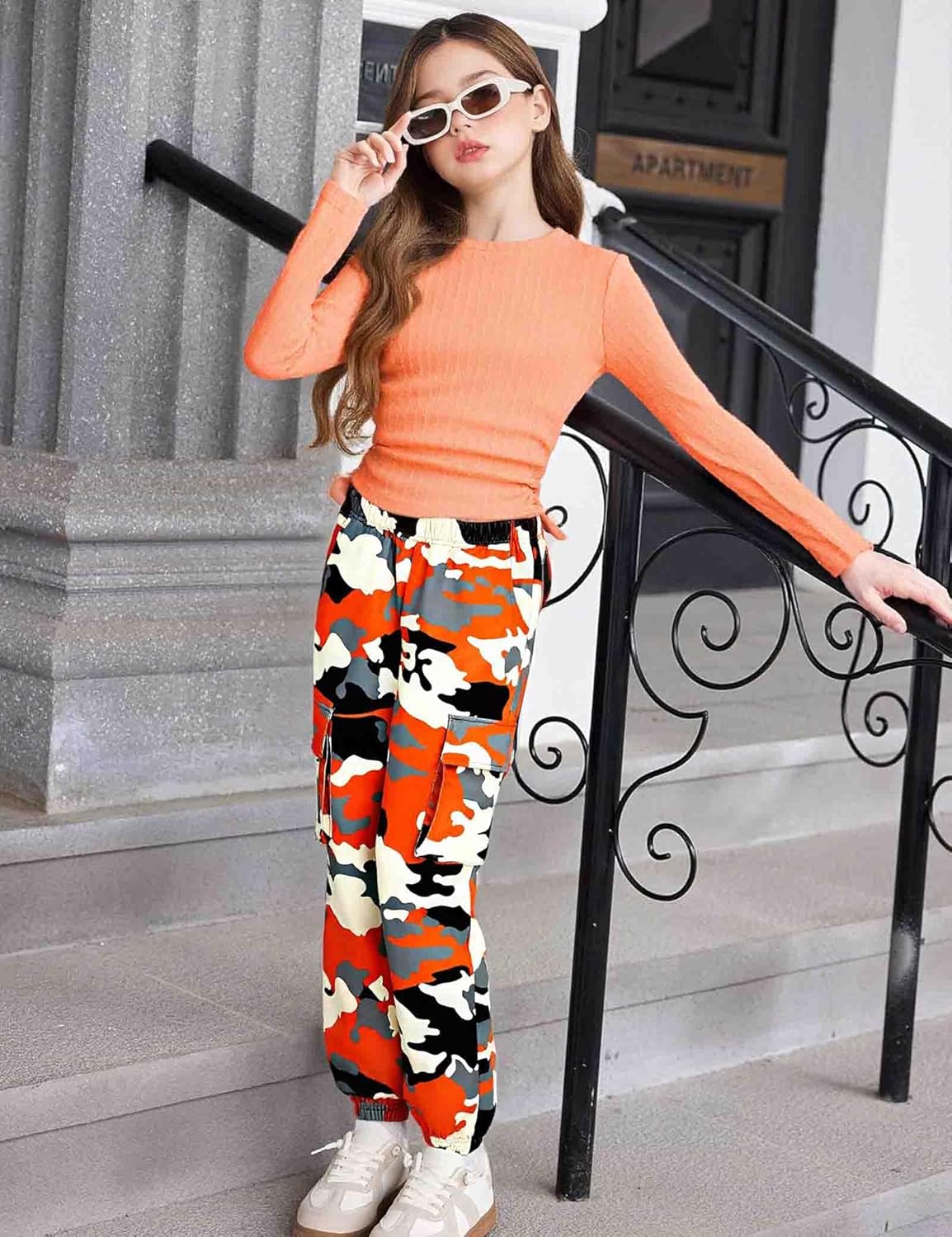 mksodop Girls Clothes Ruched Drawstring Short Sleeve Knit Top and Camo Print Pants 2 Piece Girls Outfits - Image 5