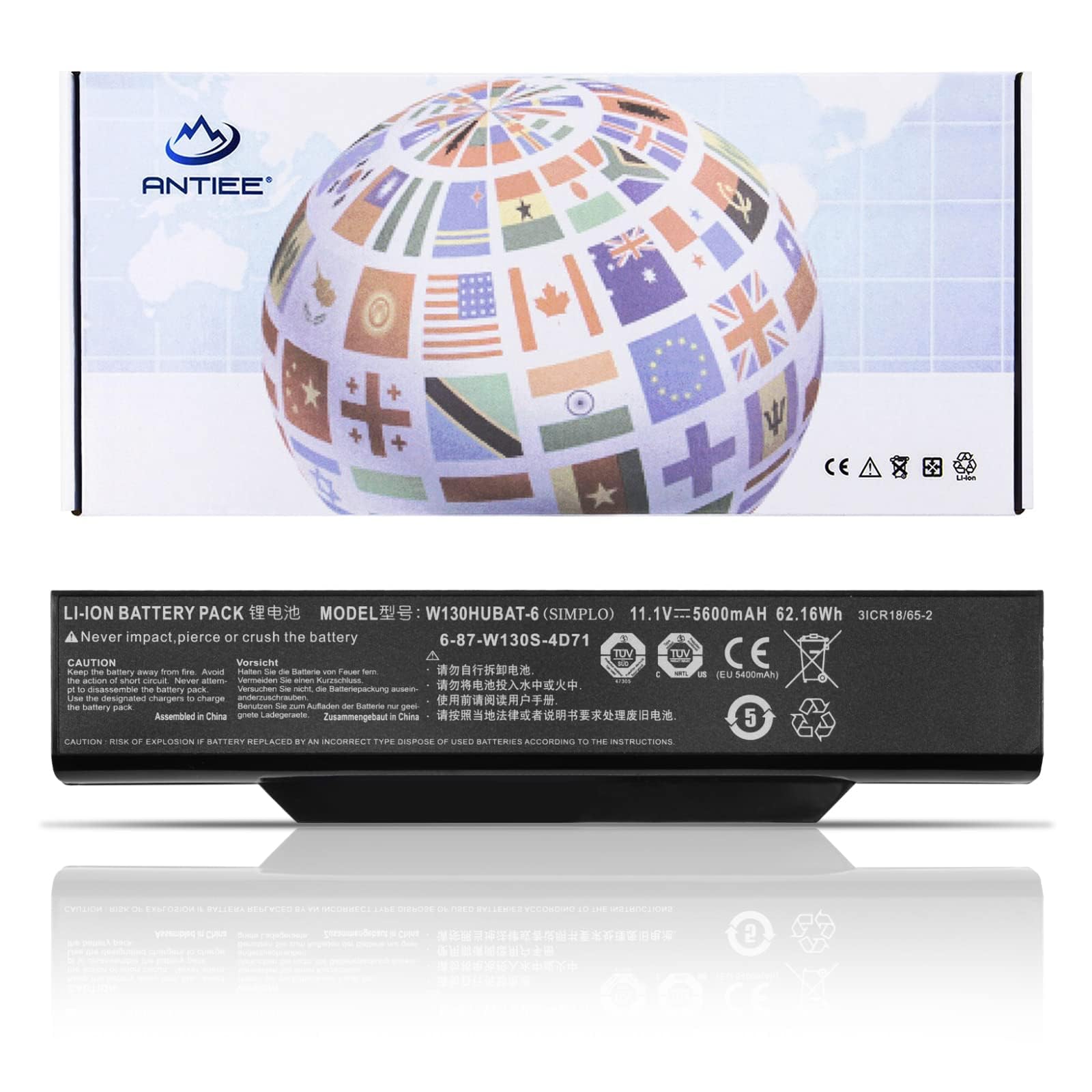 ANTIEE W130HUBAT-6 Wymienny akumulator do Clevo W130EW W255CEW W130Ex W130Hx W130HU W130HV W130EV, Wortmann Terra Mobile 1541H13.3 R3352598 687W130S4D7 6-8 7-W130S-4D72(11,1V 62.16Wh 5600mAh)