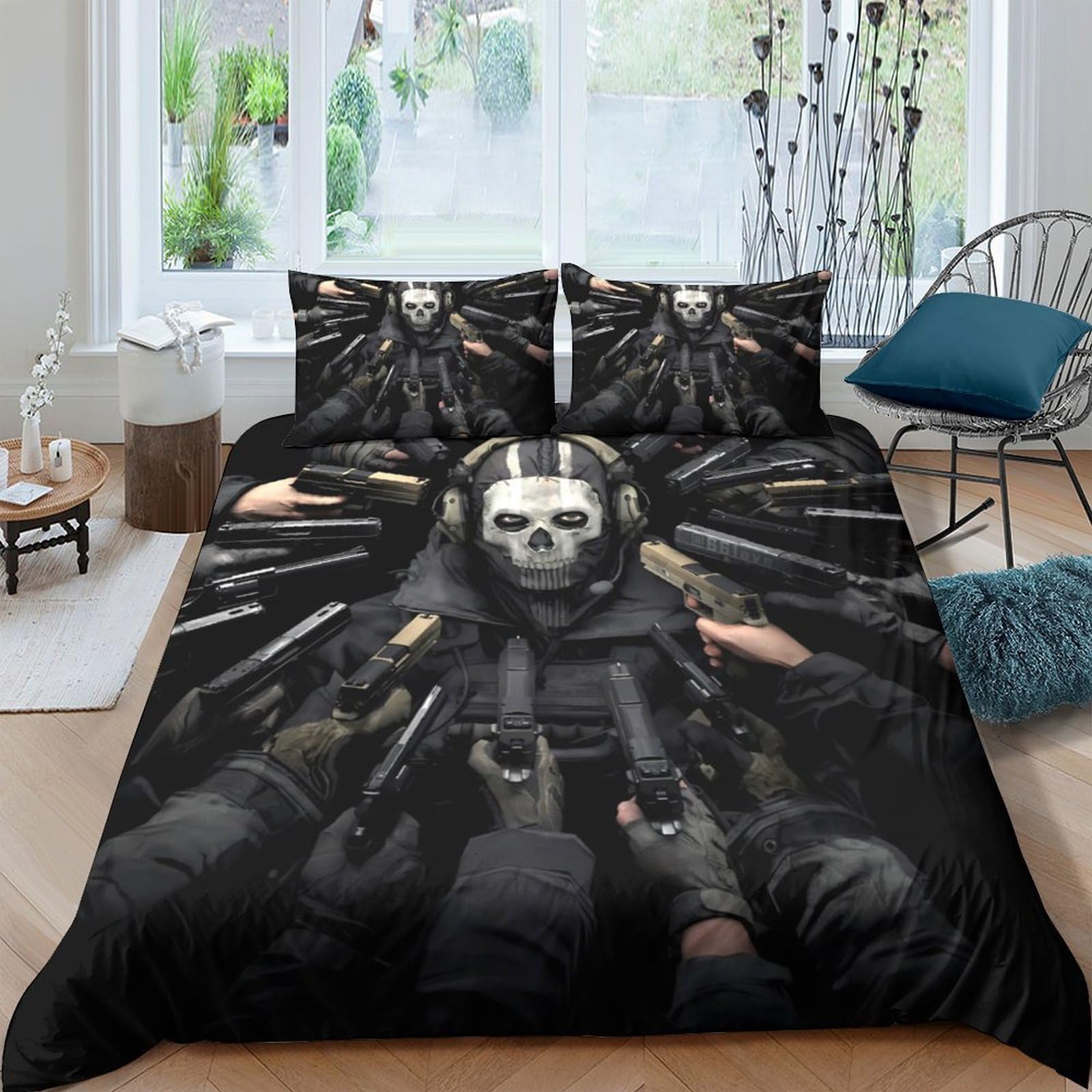 GPLZQXKJNH 3D Printed Skull Tactical Duvet Cover Set Microfiber Soft Black Bedding with 2 Pillowcases for Bedroom Decor, Single（135x200cm）