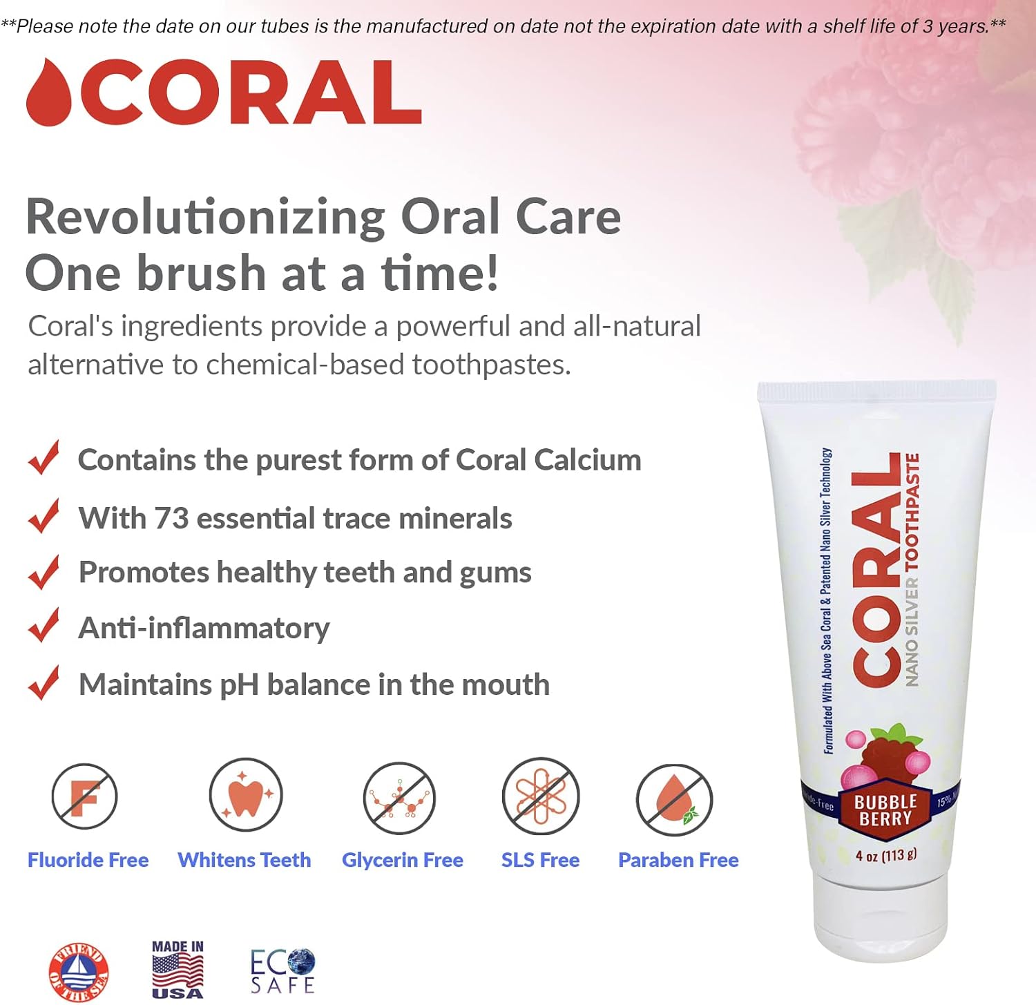 Coral Nano Silver Bubble Berry Fluoride Free Toothpaste, Natural Fluoride Free Teeth Whitening Toothpaste, Coral Calcium Nano Silver Infused SLS Glycerin Free 4 Ounce