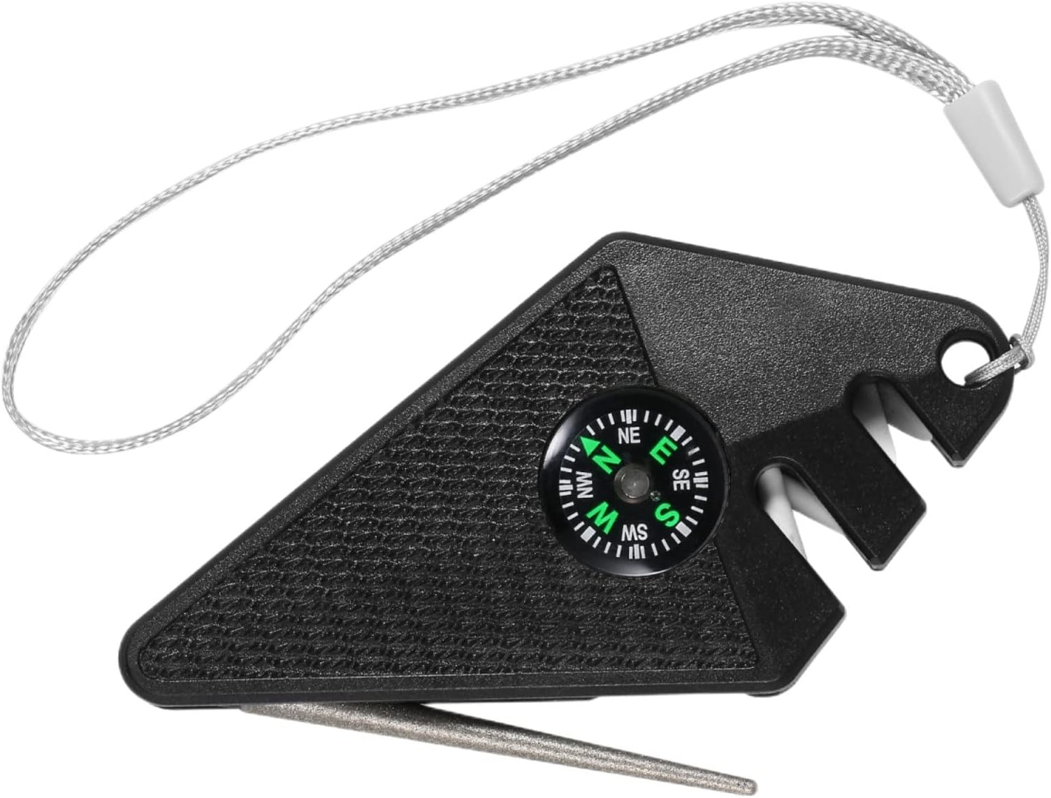 Pocket Knife Sharpener with Portable Lanyard, 6-In-1 Small Knife Sharpener with Compass, Whistle & Diamond Sharpening Rod, Quickly Repair Knife Blades (Black)