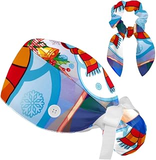 FVQL 2 Pieces Surgical Cap for Long Hair Scrub Cap with Hairband Nurse Cap, Winter Snowflake and Snowman