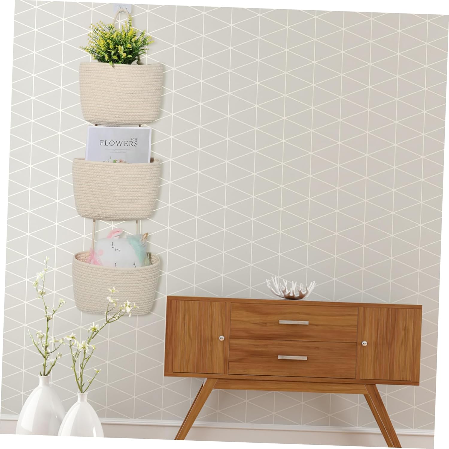 GLEAVI Cotton Rope Wall Hanging Basket Minimalist Door Organizer for Home Storage Woven Design Maximizes Vertical Space for Kitchen Bedroom and Living Room