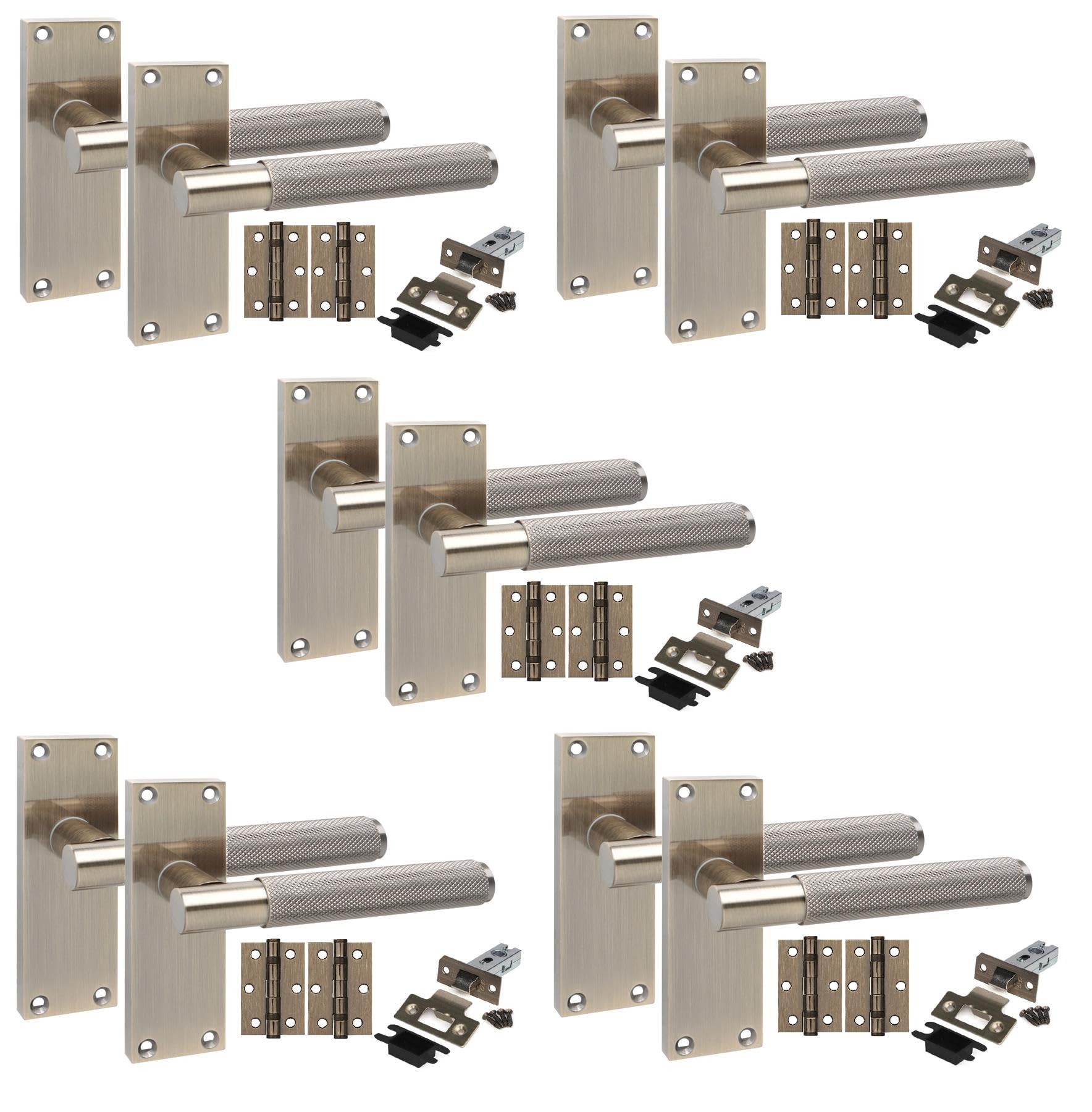 Golden Grace Antique Brass 5 Pair Victorian T-Bar Knurled Internal Door Handle Sets 120 X 40Mm With 2.5" Latch & Hinges