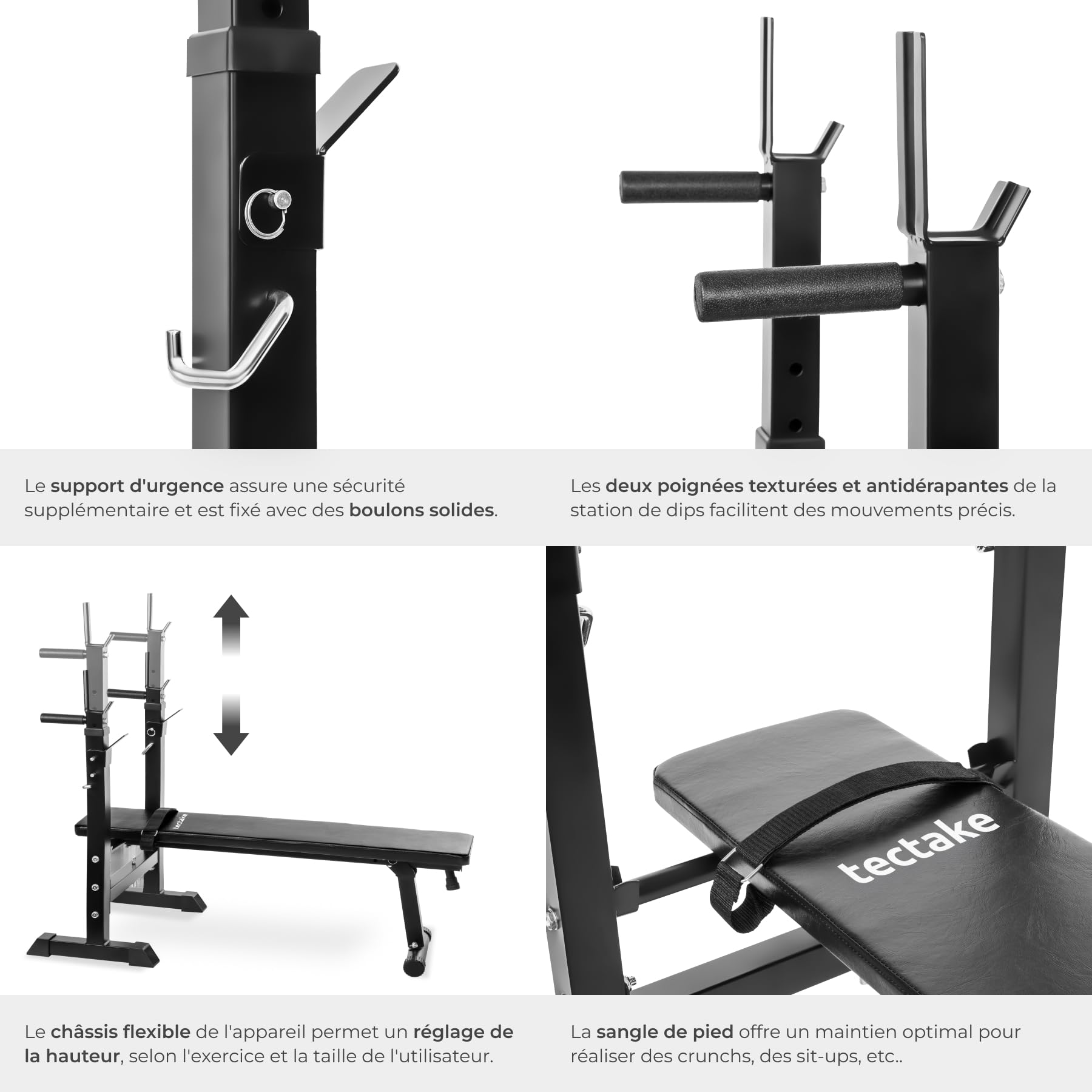 tectake® Banc de Musculation pliable 118x55x106 cm, Support haltères, Banc abdominaux, bras & épaules, Station de dips, Appareil musculation, Sport Maison, Fitness, Rembourrage épais, Antidérapant